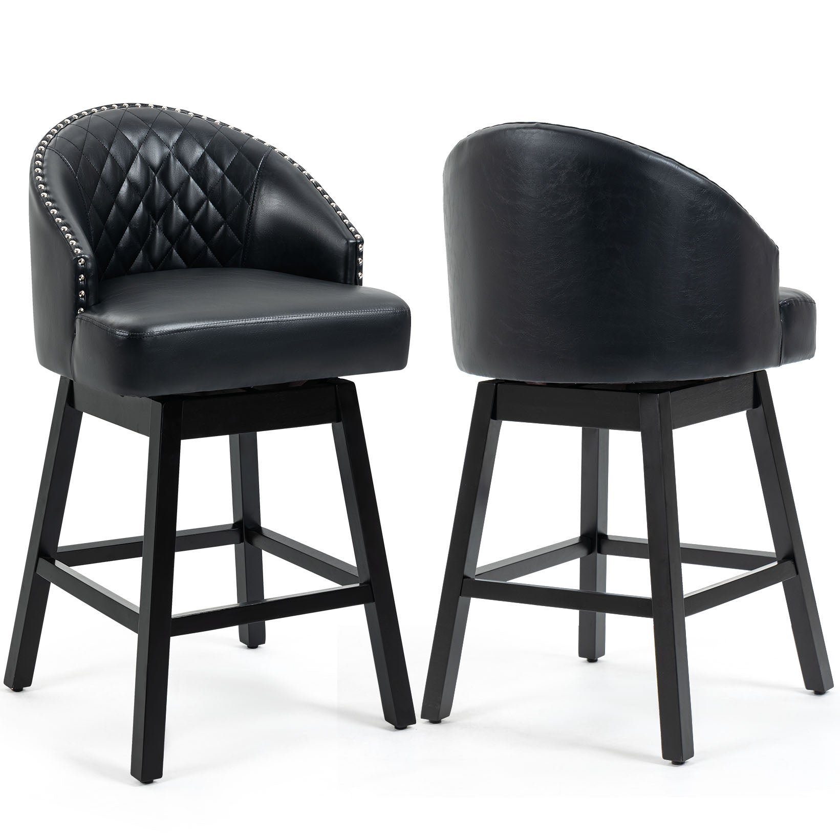 HOMREST Swivel Bar Stools Set of 2, 29" Seat Height Counter Stools with Tufted Back & Wood Legs, Velvet Cover with Pull Ring, Black