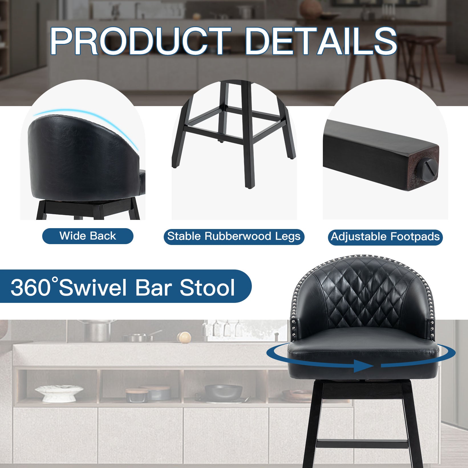 HOMREST Swivel Bar Stools Set of 2, 29" Seat Height Counter Stools with Tufted Back & Wood Legs, Velvet Cover with Pull Ring, Black
