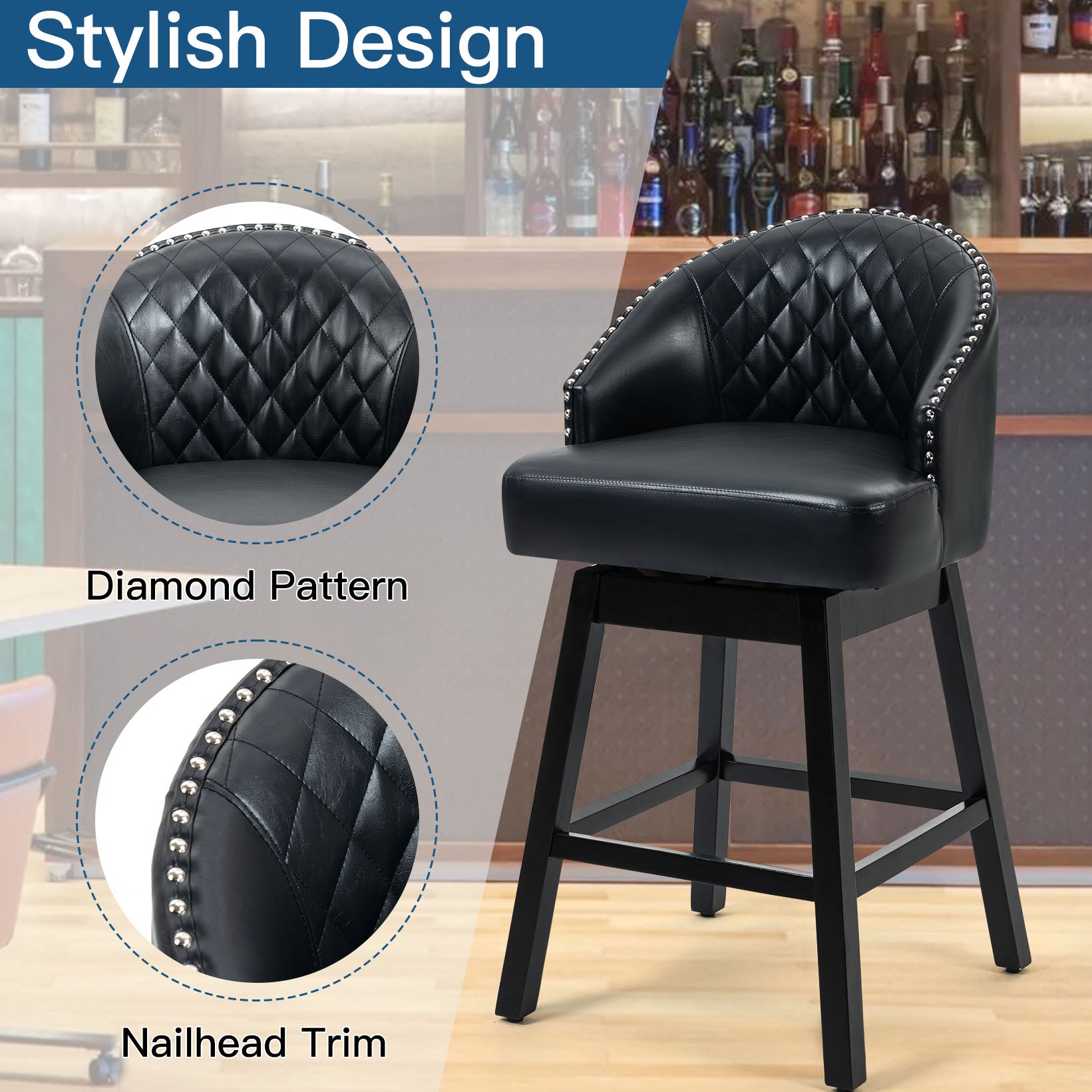 HOMREST Swivel Bar Stools Set of 2, 29" Seat Height Counter Stools with Tufted Back & Wood Legs, Velvet Cover with Pull Ring, Black