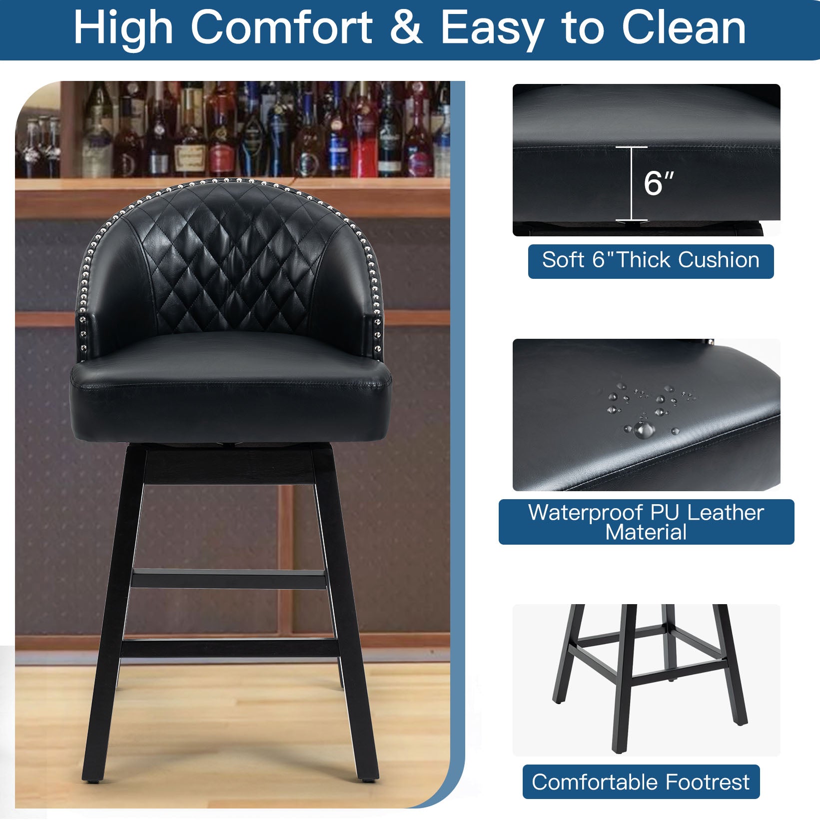 HOMREST Swivel Bar Stools Set of 2, 29" Seat Height Counter Stools with Tufted Back & Wood Legs, Velvet Cover with Pull Ring, Black