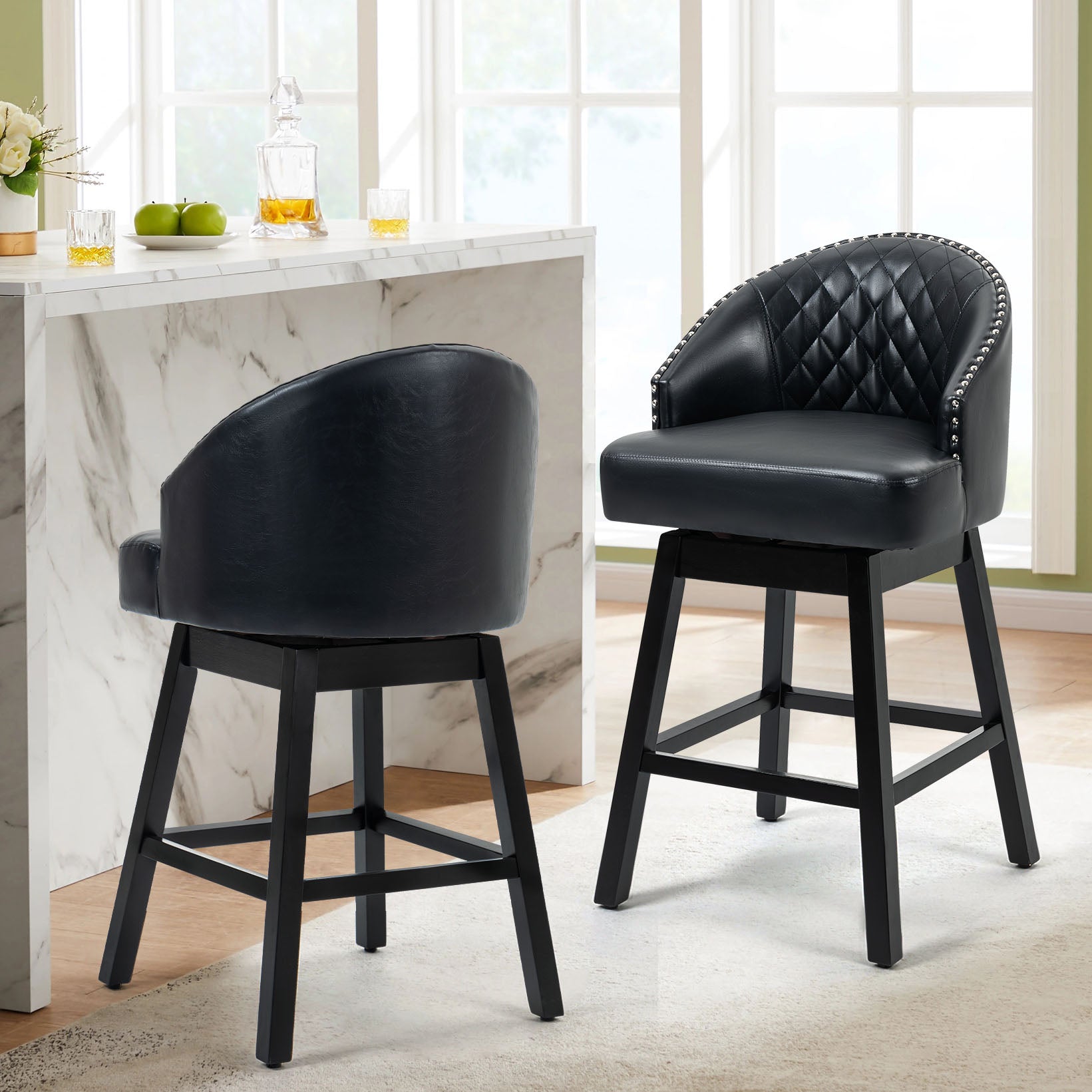 HOMREST Swivel Bar Stools Set of 2, 29" Seat Height Counter Stools with Tufted Back & Wood Legs, Velvet Cover with Pull Ring, Black