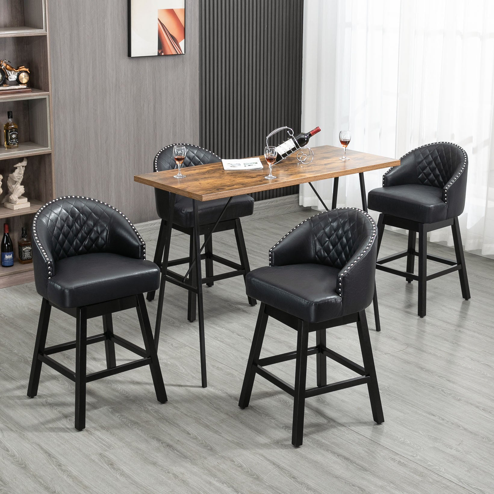 HOMREST Swivel Bar Stools Set of 2, 29" Seat Height Counter Stools with Tufted Back & Wood Legs, Velvet Cover with Pull Ring, Black