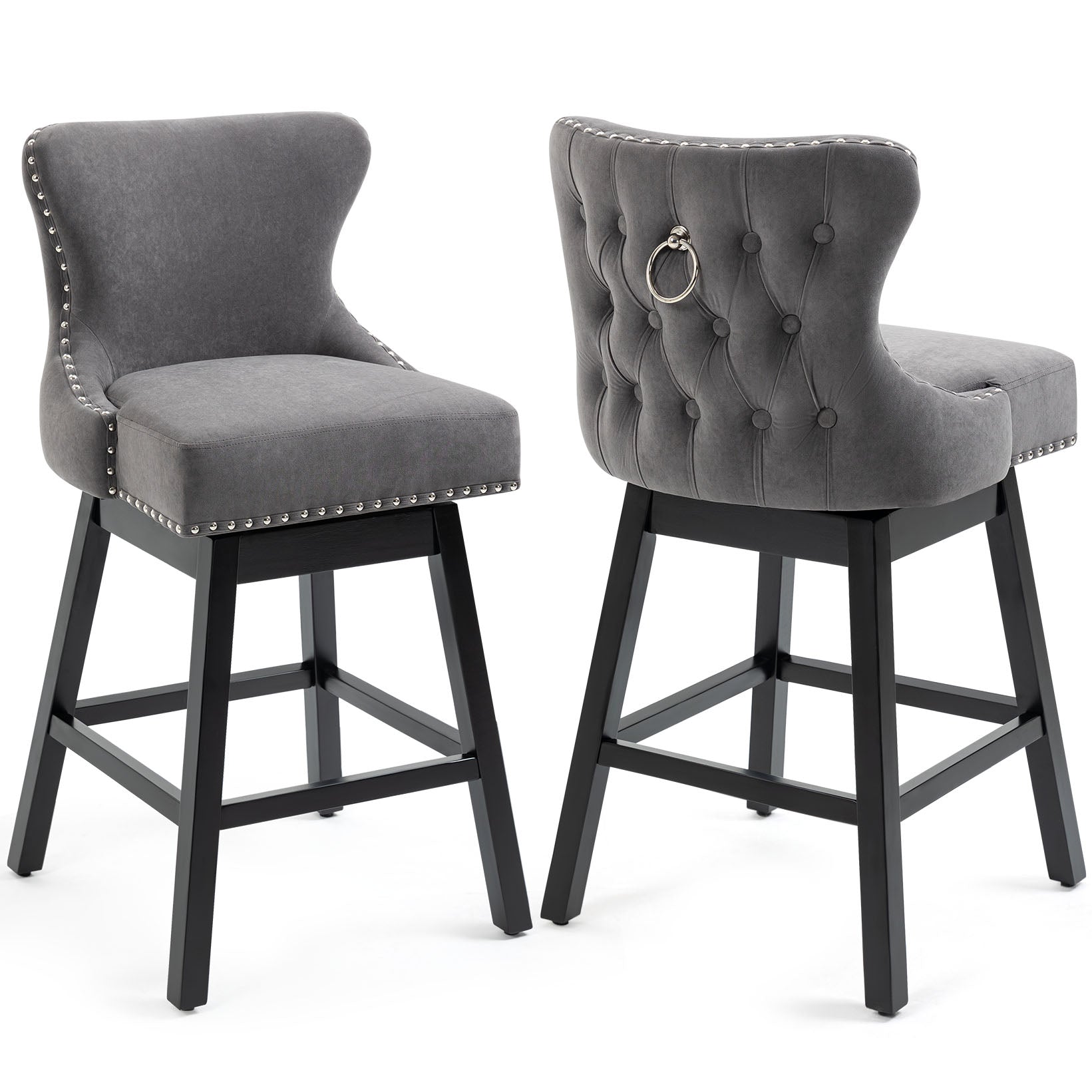 HOMREST Swivel Bar Stools Set of 2, 29" Seat Height Counter Stools with Tufted Back & Wood Legs, Velvet Cover with Pull Ring, Grey