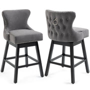 HOMREST Swivel Bar Stools Set of 2, 29" Seat Height Counter Stools with Tufted Back & Wood Legs, Velvet Cover with Pull Ring, Grey