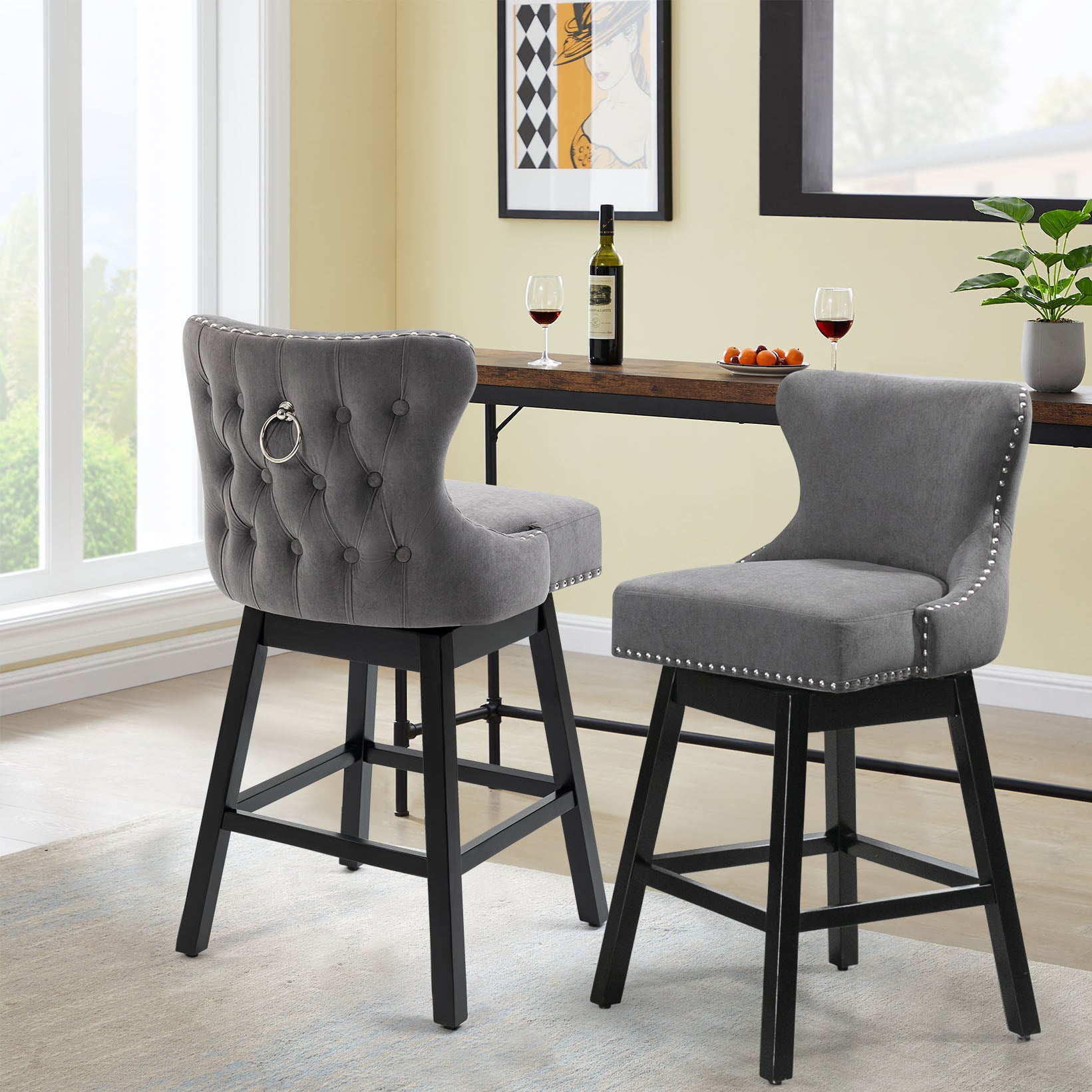 HOMREST Swivel Bar Stools Set of 2, 29" Seat Height Counter Stools with Tufted Back & Wood Legs, Velvet Cover with Pull Ring, Grey