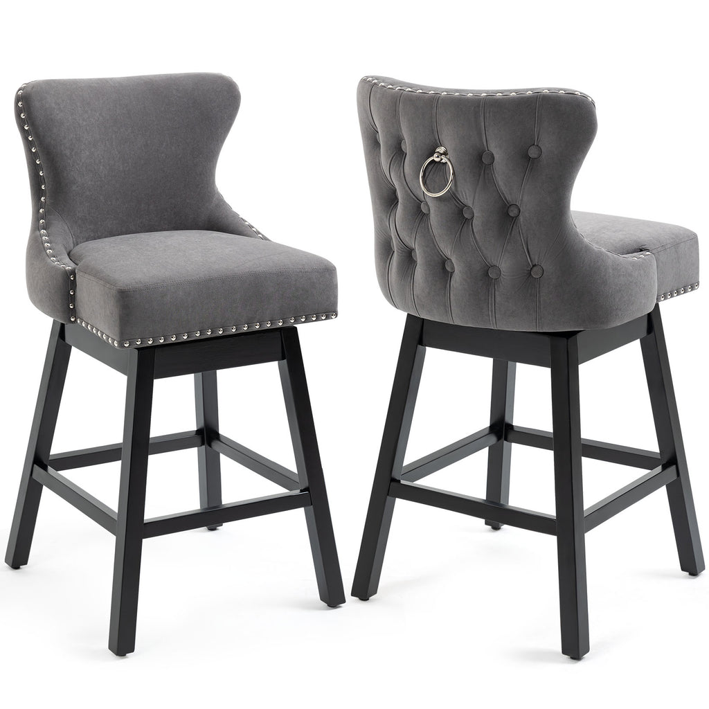 HOMREST Swivel Bar Stools Set of 2, 29" Seat Height Counter Stools with Tufted Back & Wood Legs, Velvet Cover with Pull Ring, Grey