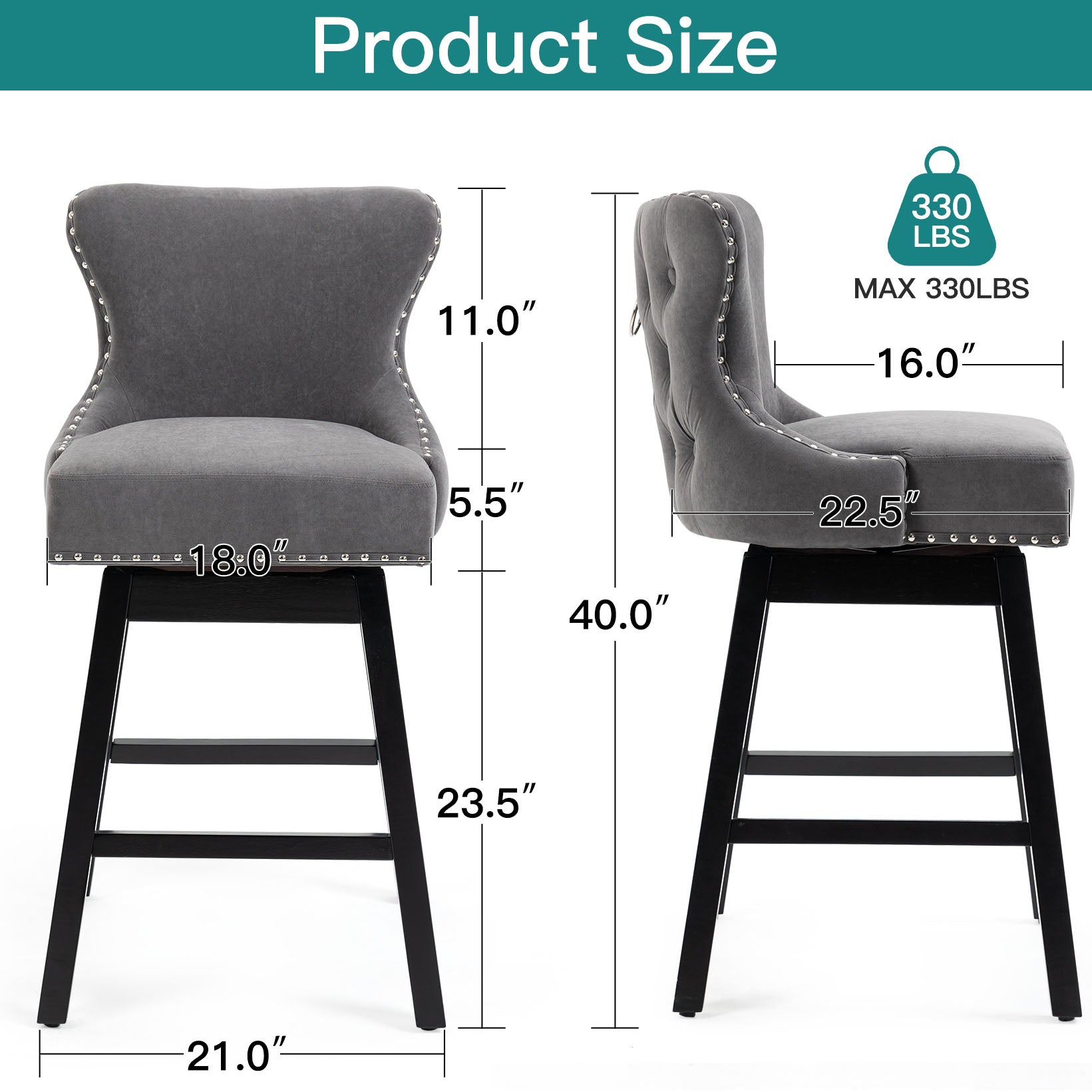 HOMREST Swivel Bar Stools Set of 2, 29" Seat Height Counter Stools with Tufted Back & Wood Legs, Velvet Cover with Pull Ring, Grey