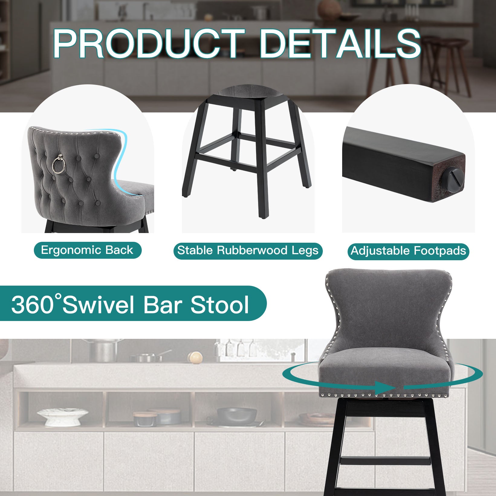HOMREST Swivel Bar Stools Set of 2, 29" Seat Height Counter Stools with Tufted Back & Wood Legs, Velvet Cover with Pull Ring, Grey