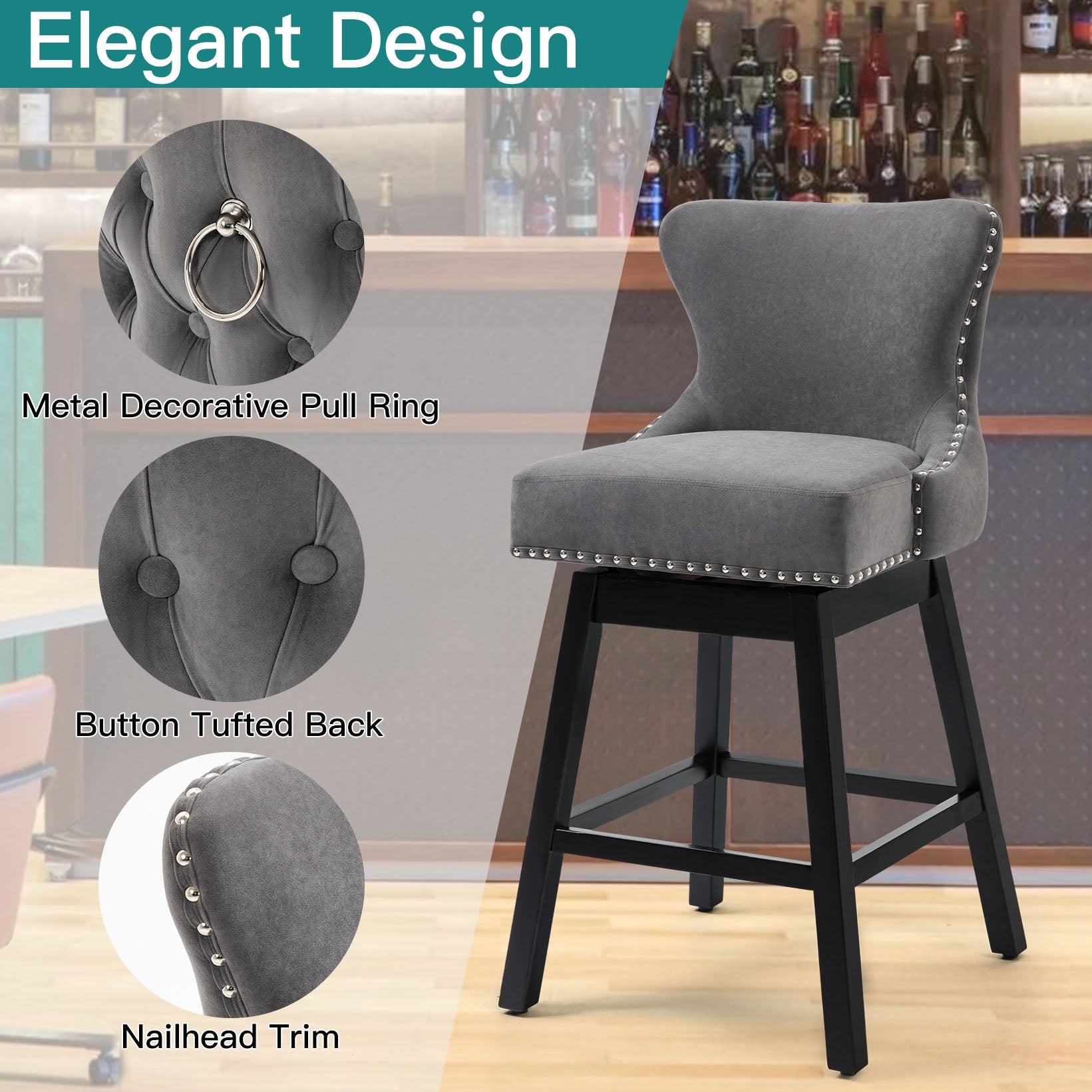 HOMREST Swivel Bar Stools Set of 2, 29" Seat Height Counter Stools with Tufted Back & Wood Legs, Velvet Cover with Pull Ring, Grey