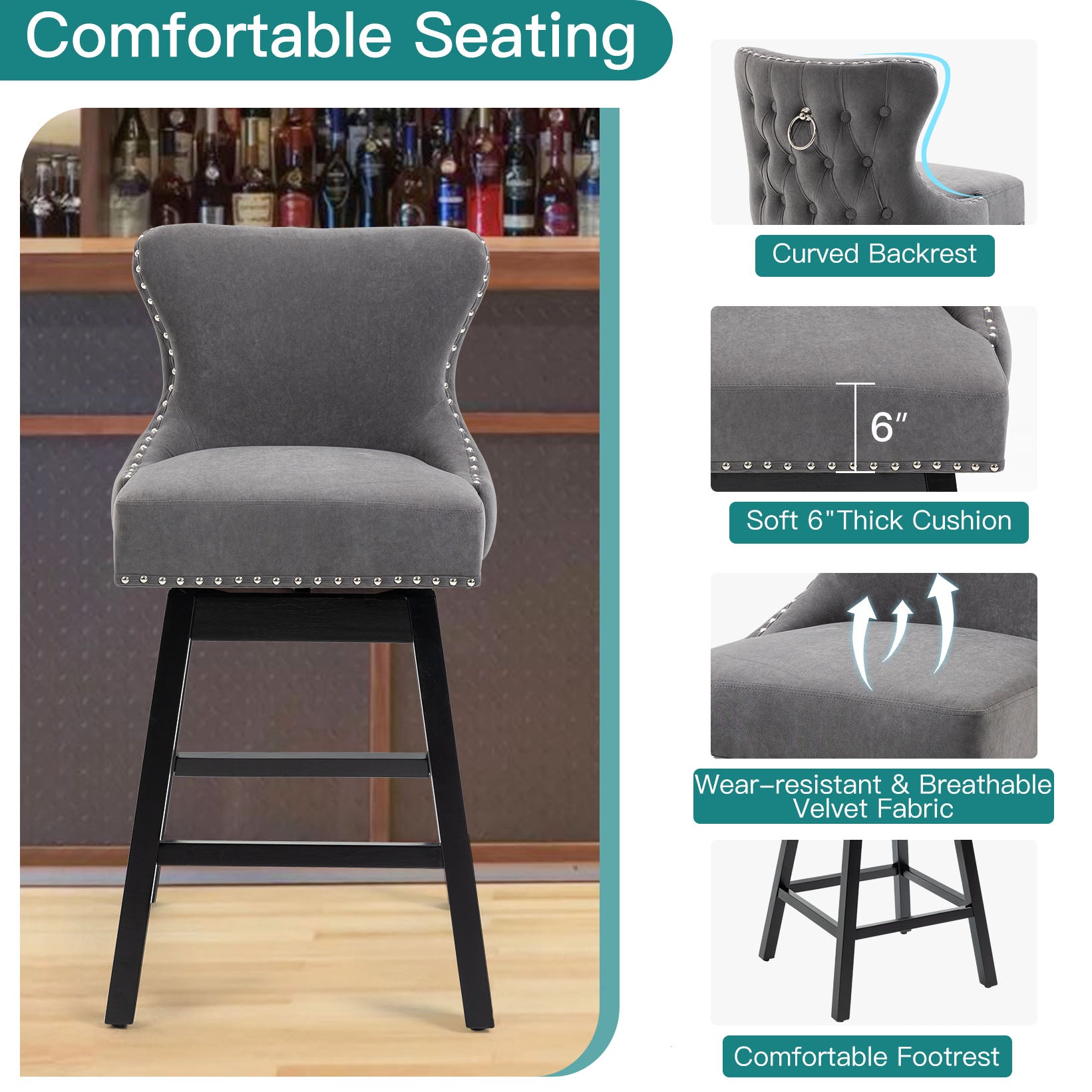 HOMREST Swivel Bar Stools Set of 2, 29" Seat Height Counter Stools with Tufted Back & Wood Legs, Velvet Cover with Pull Ring, Grey