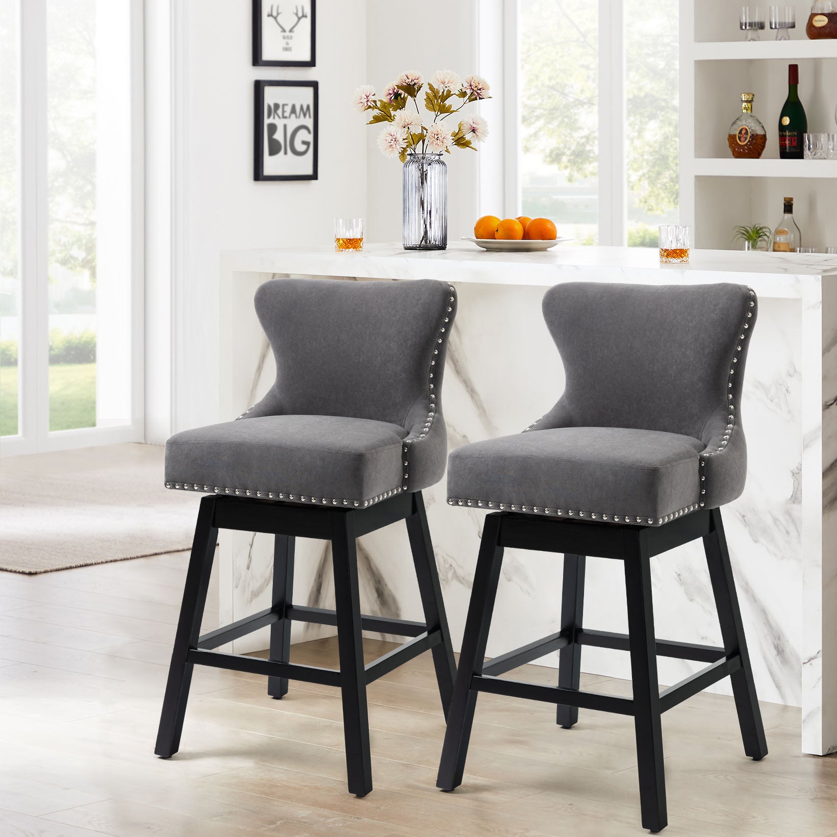 HOMREST Swivel Bar Stools Set of 2, 29" Seat Height Counter Stools with Tufted Back & Wood Legs, Velvet Cover with Pull Ring, Grey