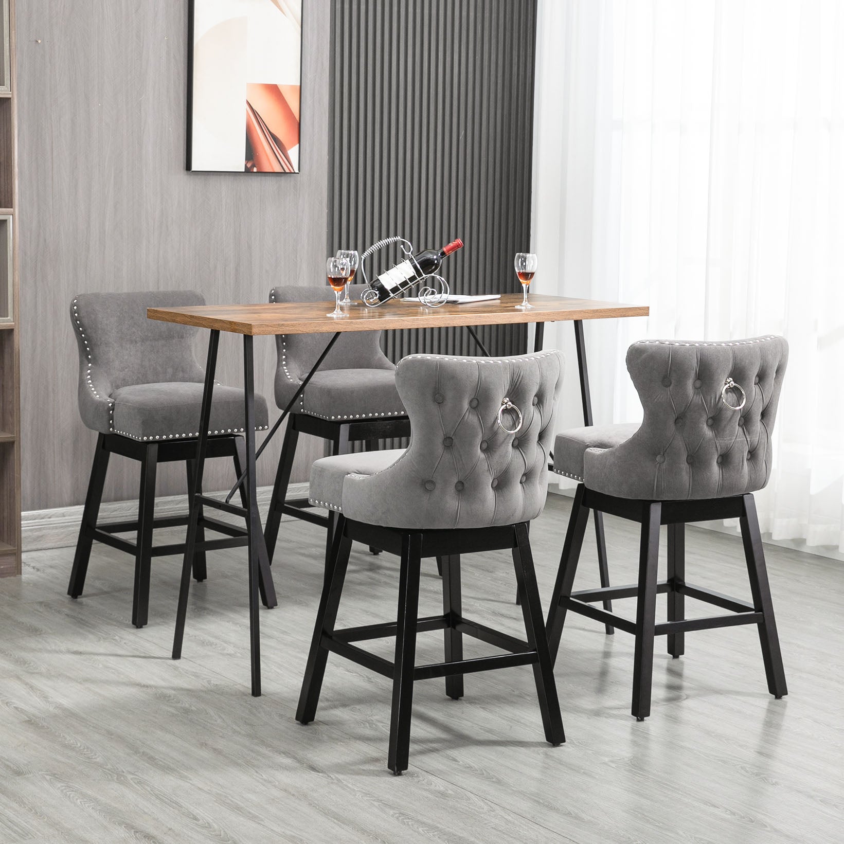 HOMREST Swivel Bar Stools Set of 2, 29" Seat Height Counter Stools with Tufted Back & Wood Legs, Velvet Cover with Pull Ring, Grey