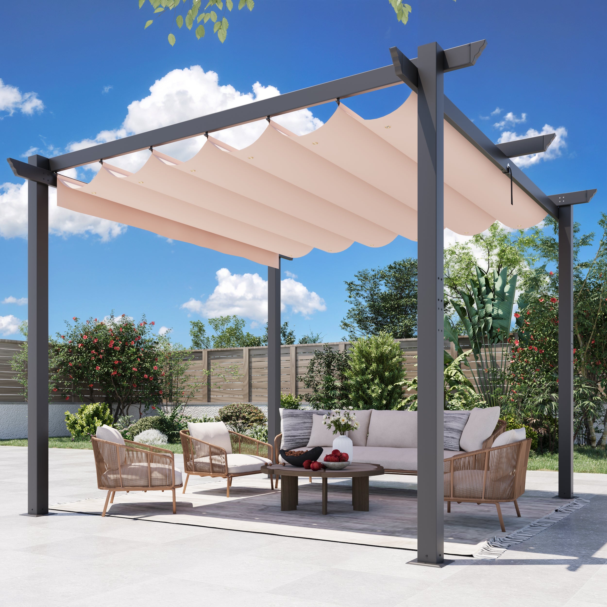HOMREST Retractable Pergola 10x10 Ft, Upgraded Sun Shade with Waterproof Canopy, Durable Metal Patio Shelter with Magnetic Attachment for Backyard Garden Deck (Beige)