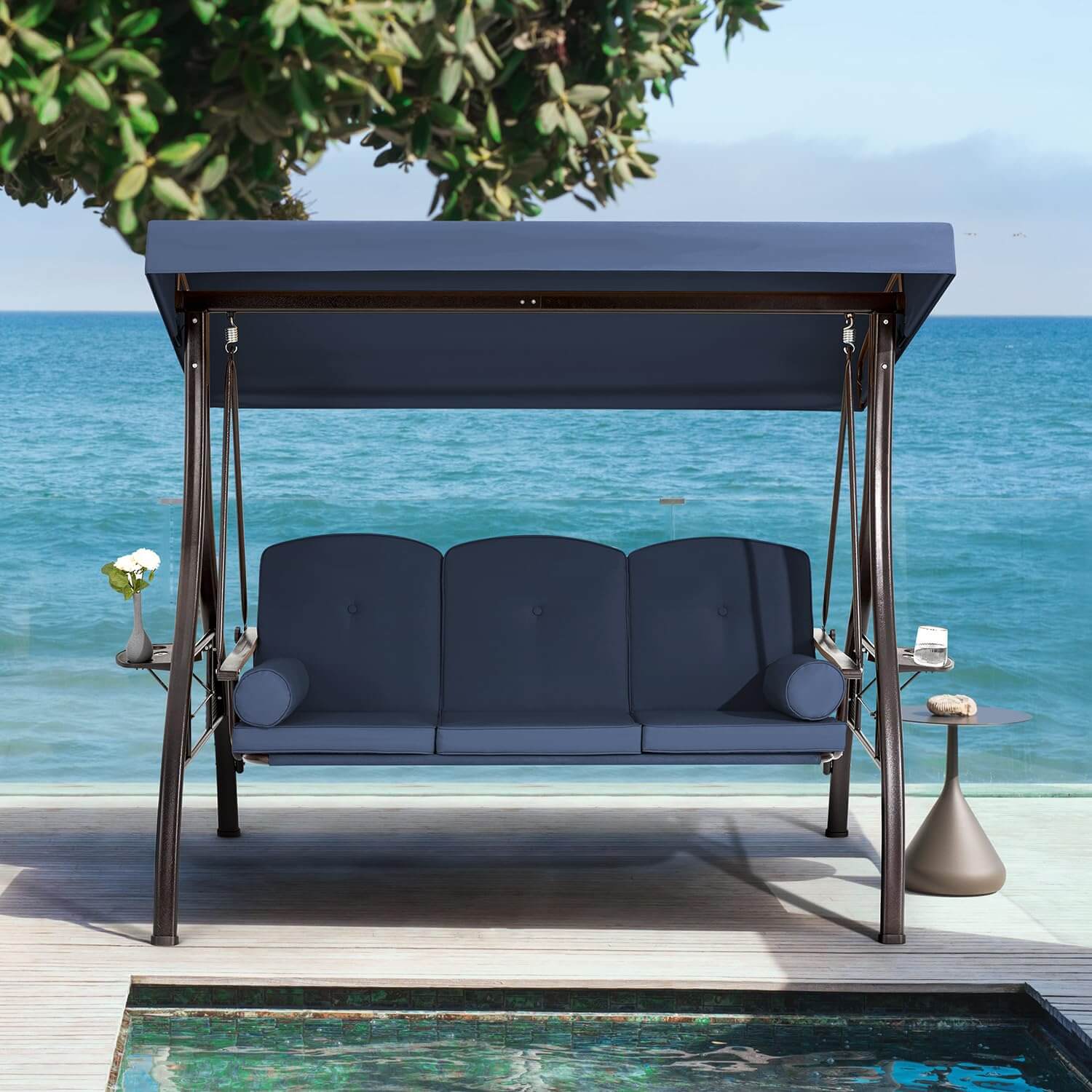Homrest 3-Seat Outdoor Porch Swing with Cup Holders, Adjustable Canopy and Backrest for Patio Garden Deck, Blue