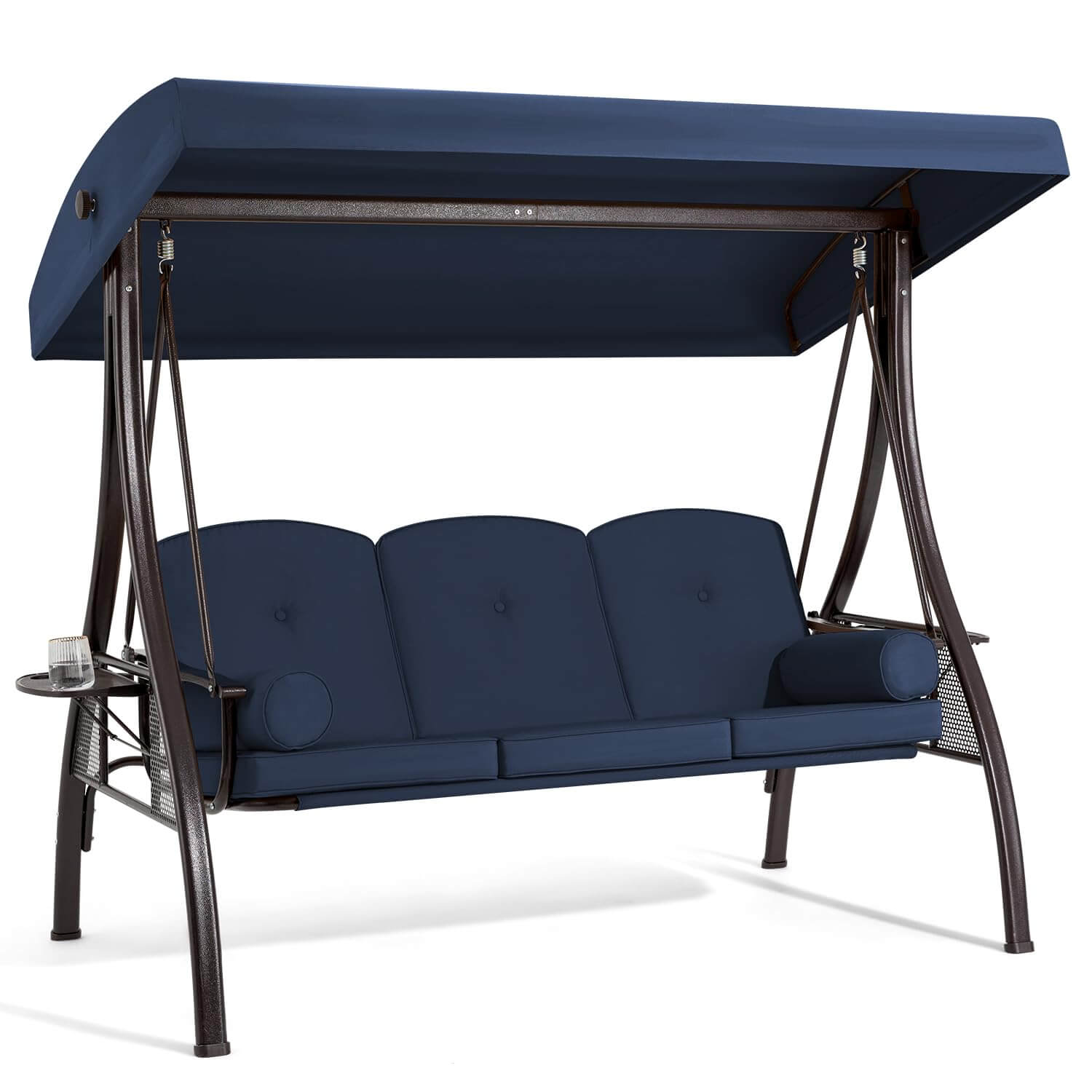 Homrest 3-Seat Outdoor Porch Swing with Cup Holders, Adjustable Canopy and Backrest for Patio Garden Deck, Blue