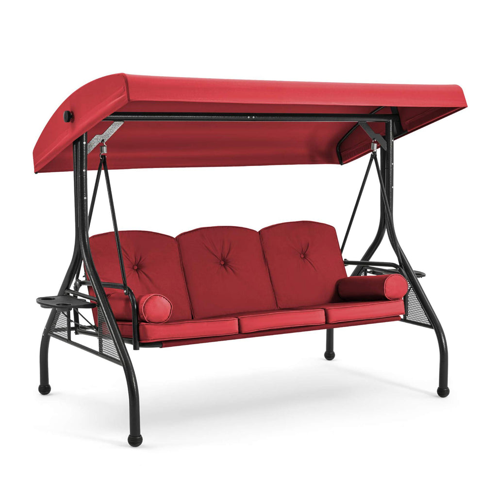 3-Seat Outdoor Porch Swing with Adjustable Canopy and Backrest, Wine Red
