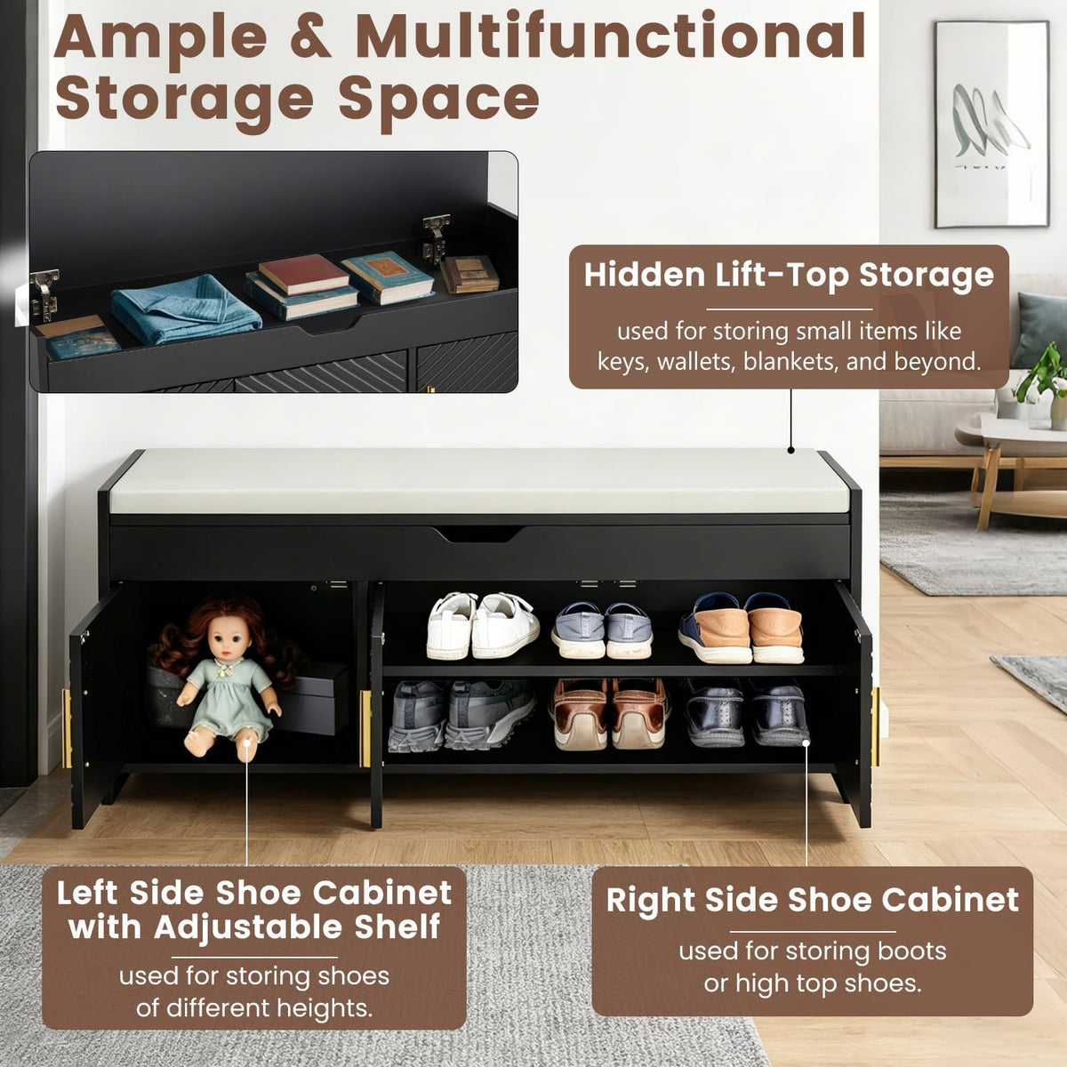 Adjustable shelf inside the black HOMREST shoe storage bench.