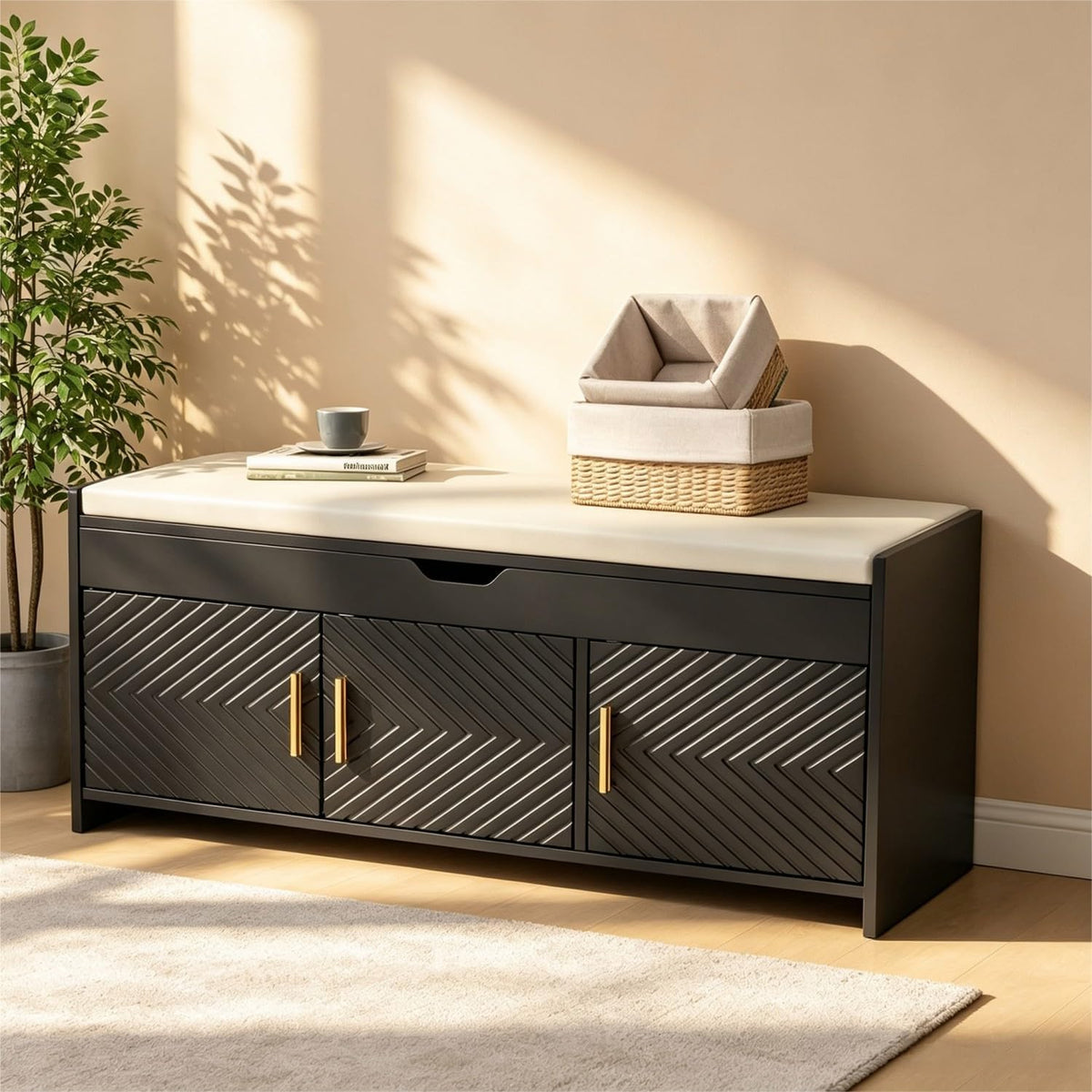 Black HOMREST shoe storage bench beside a woven basket in an entryway.