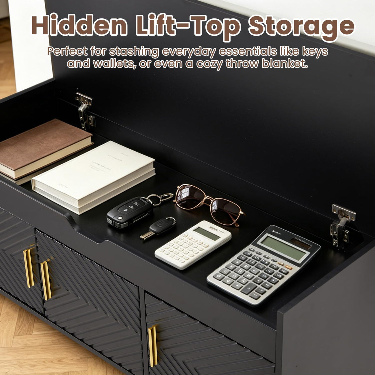 Wide front view of the black HOMREST shoe storage bench with a cushioned seat.
