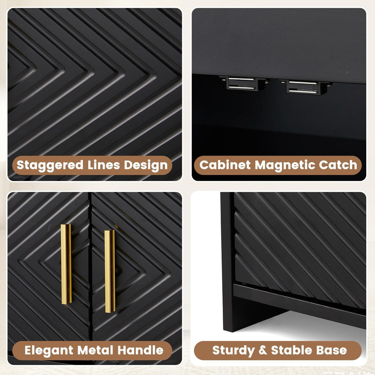 Close views of the patterned doors, magnetic catches, and gold-tone handles on the HOMREST shoe storage bench.