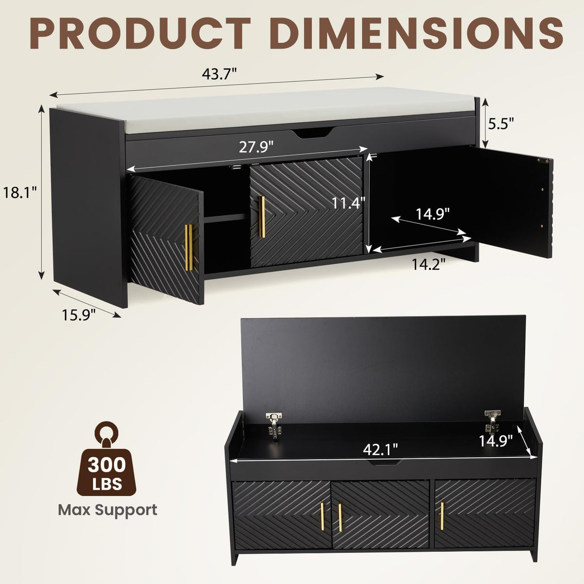 Open lift-top compartment and hinges on the black HOMREST shoe storage bench.