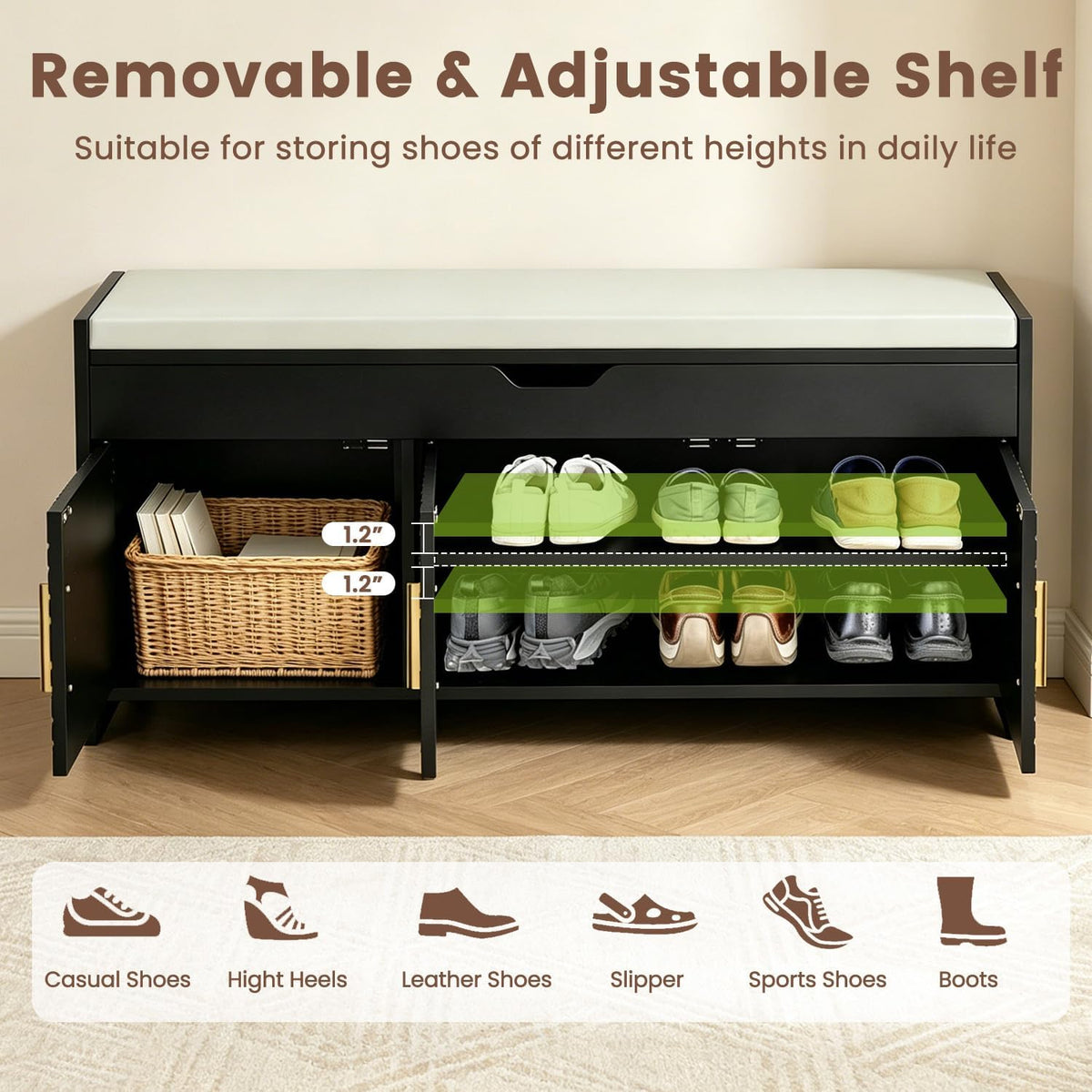 Black HOMREST shoe storage bench showing the cushion, metal handles, magnetic doors, and patterned fronts.