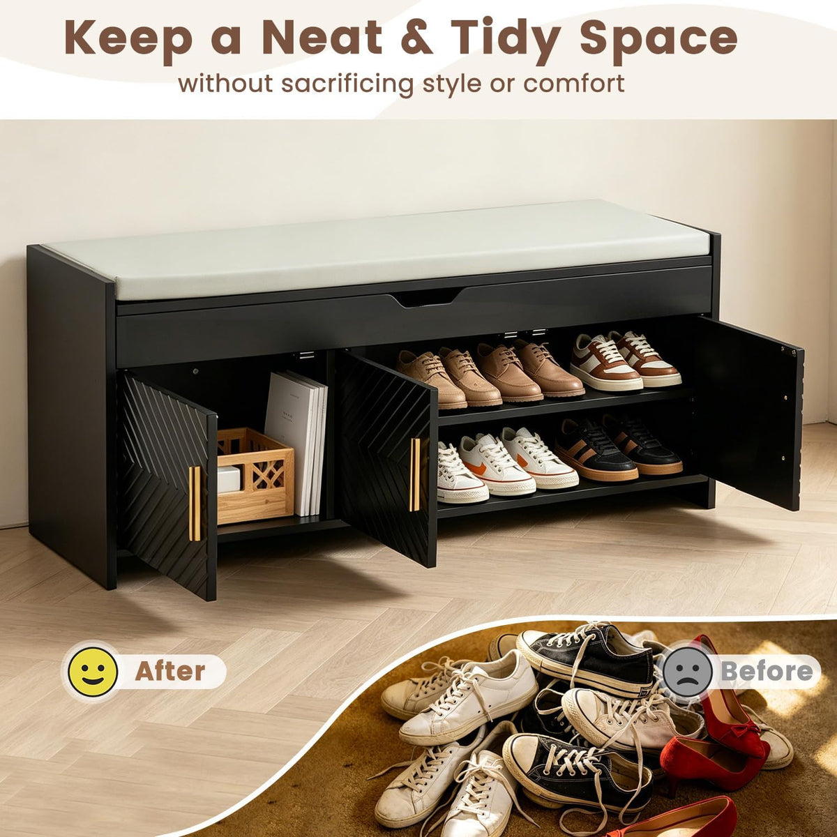Black HOMREST shoe storage bench with its cabinet doors open to show organized shoes.