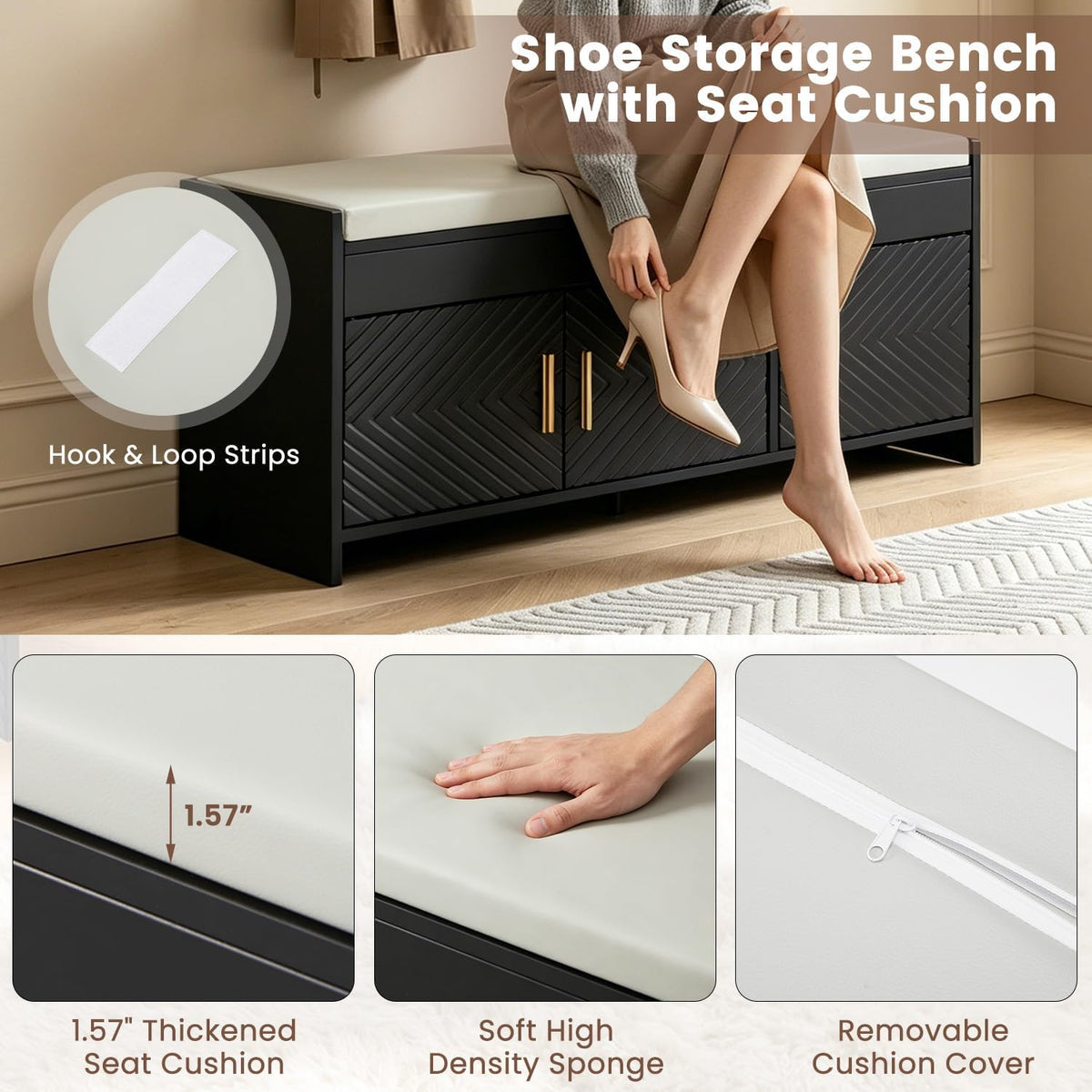 Black HOMREST shoe storage bench shown with doors closed, top raised, and shoe cabinets open.