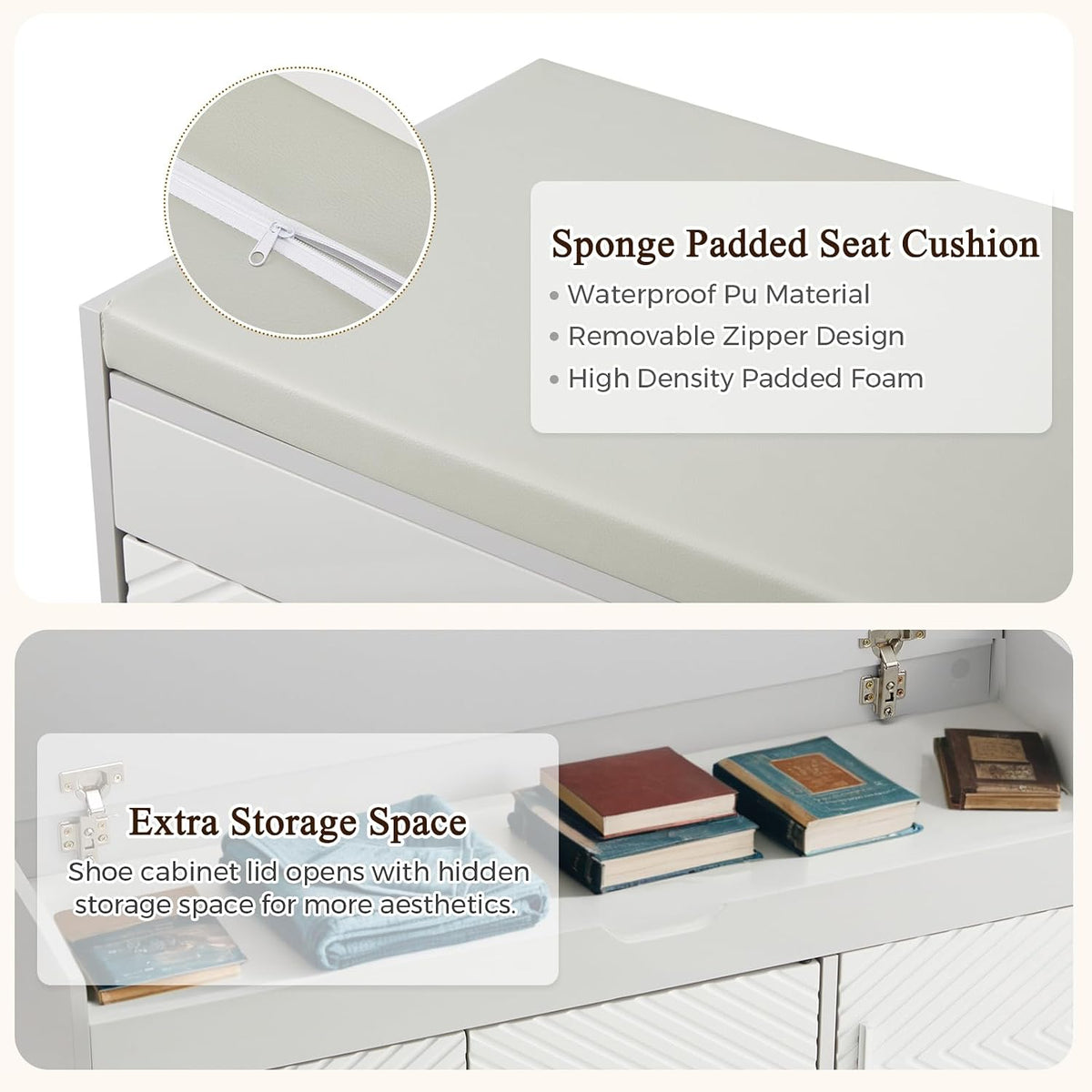 Adjustable shelf inside the light grey HOMREST shoe storage bench.