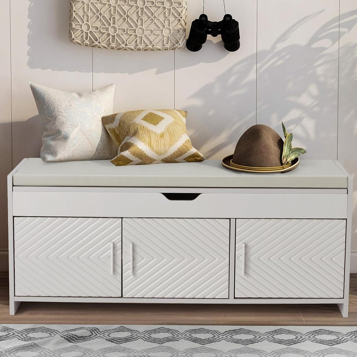 Front view of the light grey HOMREST shoe storage bench with a cushioned seat.