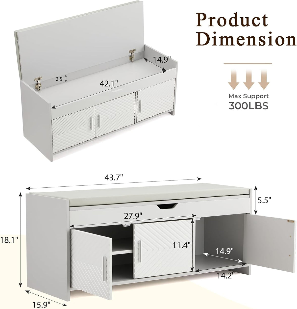 Open lift-top compartment on the HOMREST shoe storage bench in light grey.