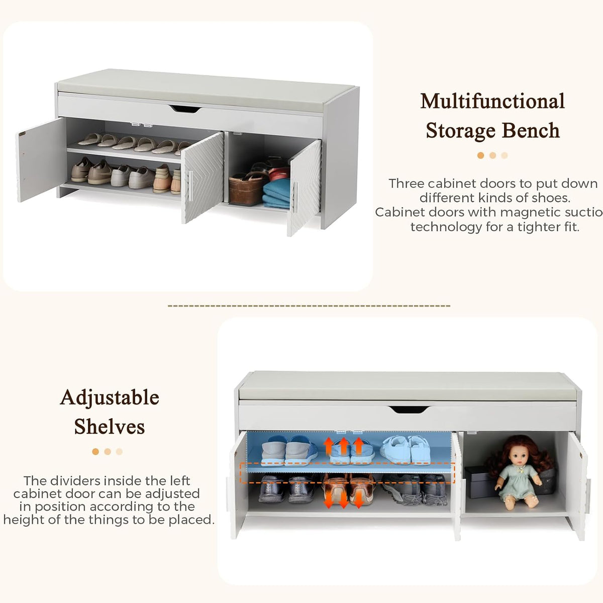 HOMREST shoe storage bench showing its cushion, metal handles, magnetic doors, and patterned fronts.