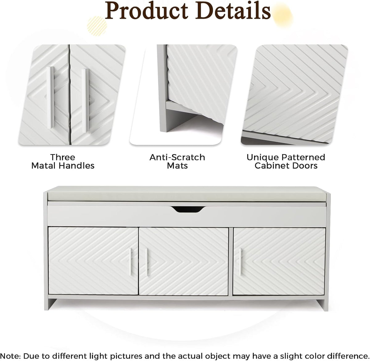 Light grey HOMREST shoe storage bench shown closed, with its top open, and with cabinet doors open.