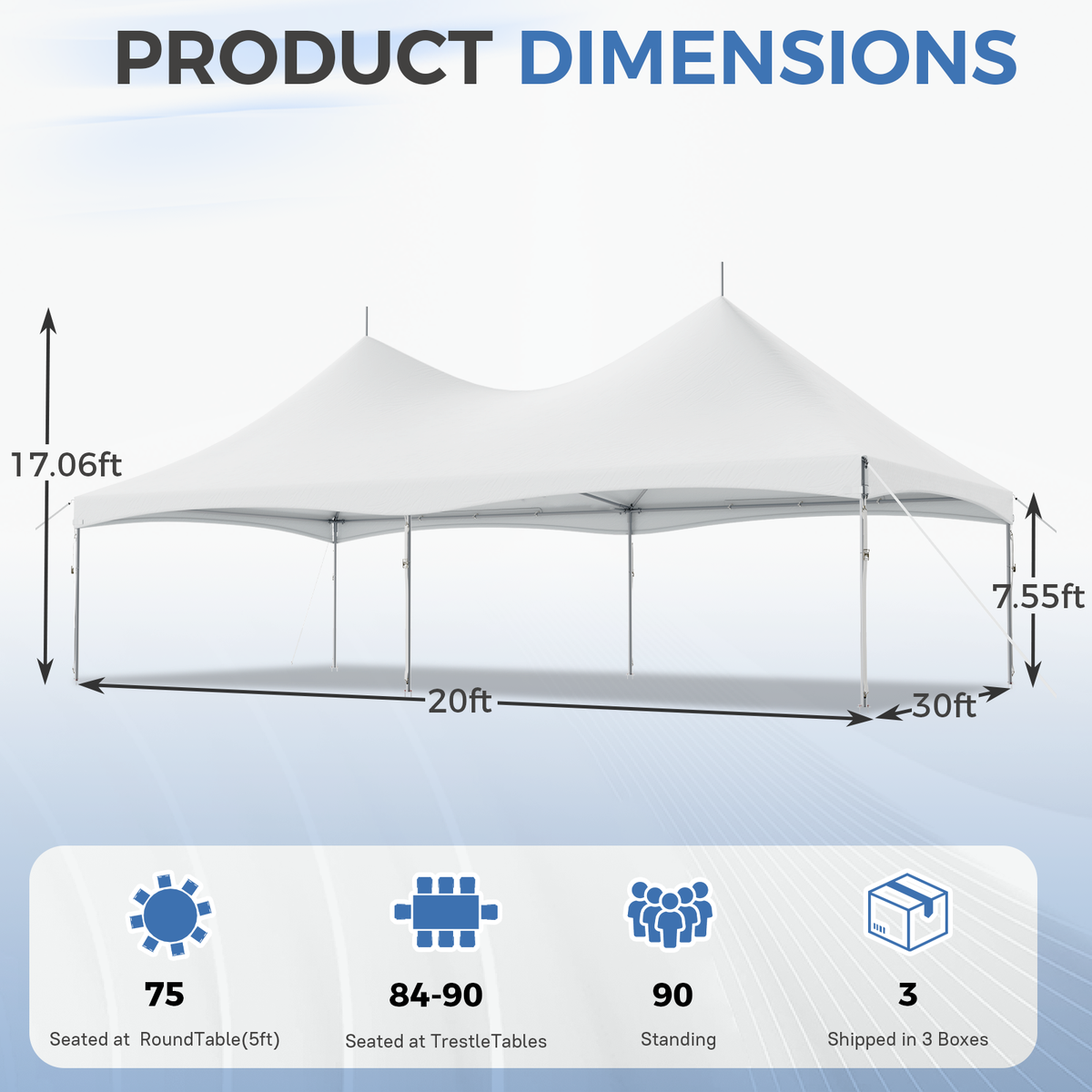 HOMREST  20x30ft Party Tent Outdoor Wedding Tent Heavy Duty Peaked Frame Canopy With Fire Retardant PVC Top 100 Person For Event Commercials White