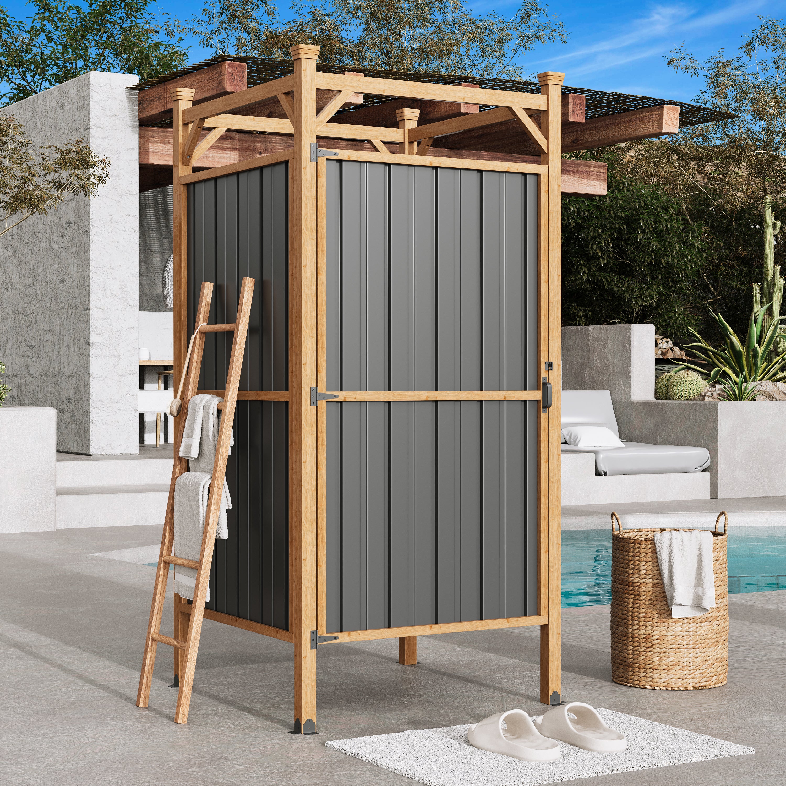 HOMREST Outdoor Shower Enclosure with Lockable Door, Weatherproof Outdoor Shower Stall with Metal Panels, Hooks & Shelves - Perfect for Pool Wash Station, Backyard & Beach Rinse Area Small Version