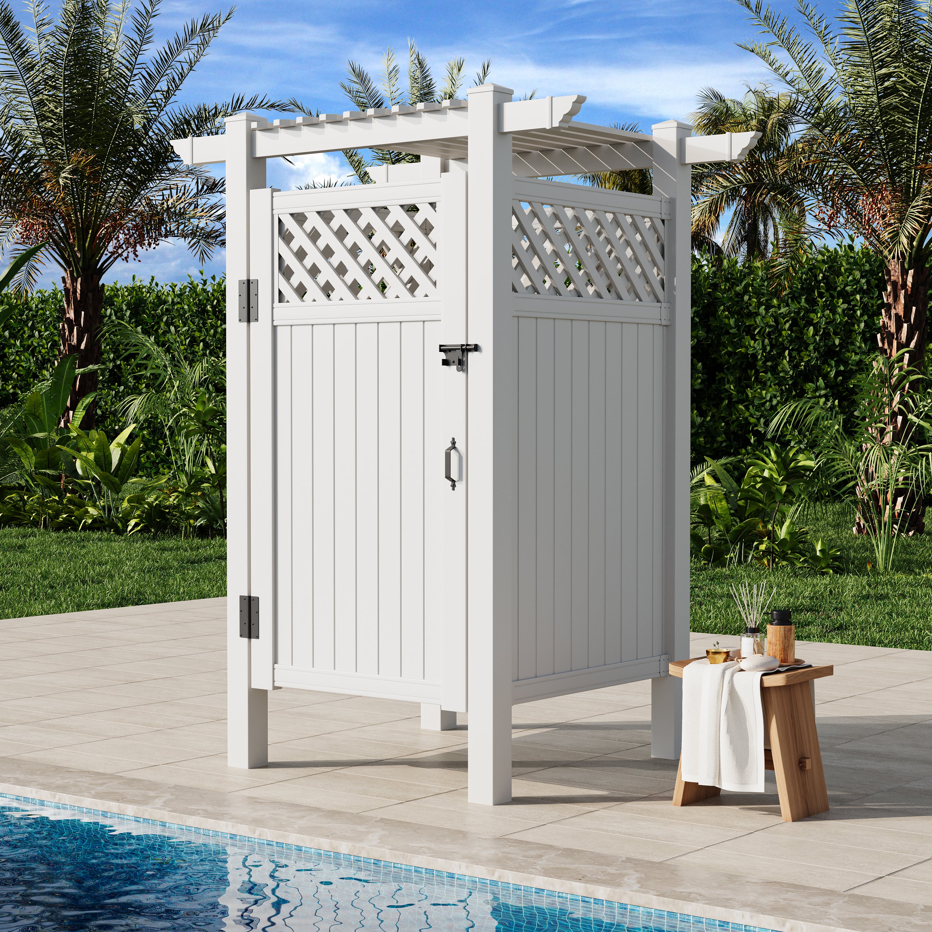 HOMREST 88.5"H x 57.5"W x 47.75"L White PVC Outdoor Shower Enclosure with Door, Weatherproof Privacy Stall for Pool & Beach, Durable Vinyl Construction（Grid-panel with roof）