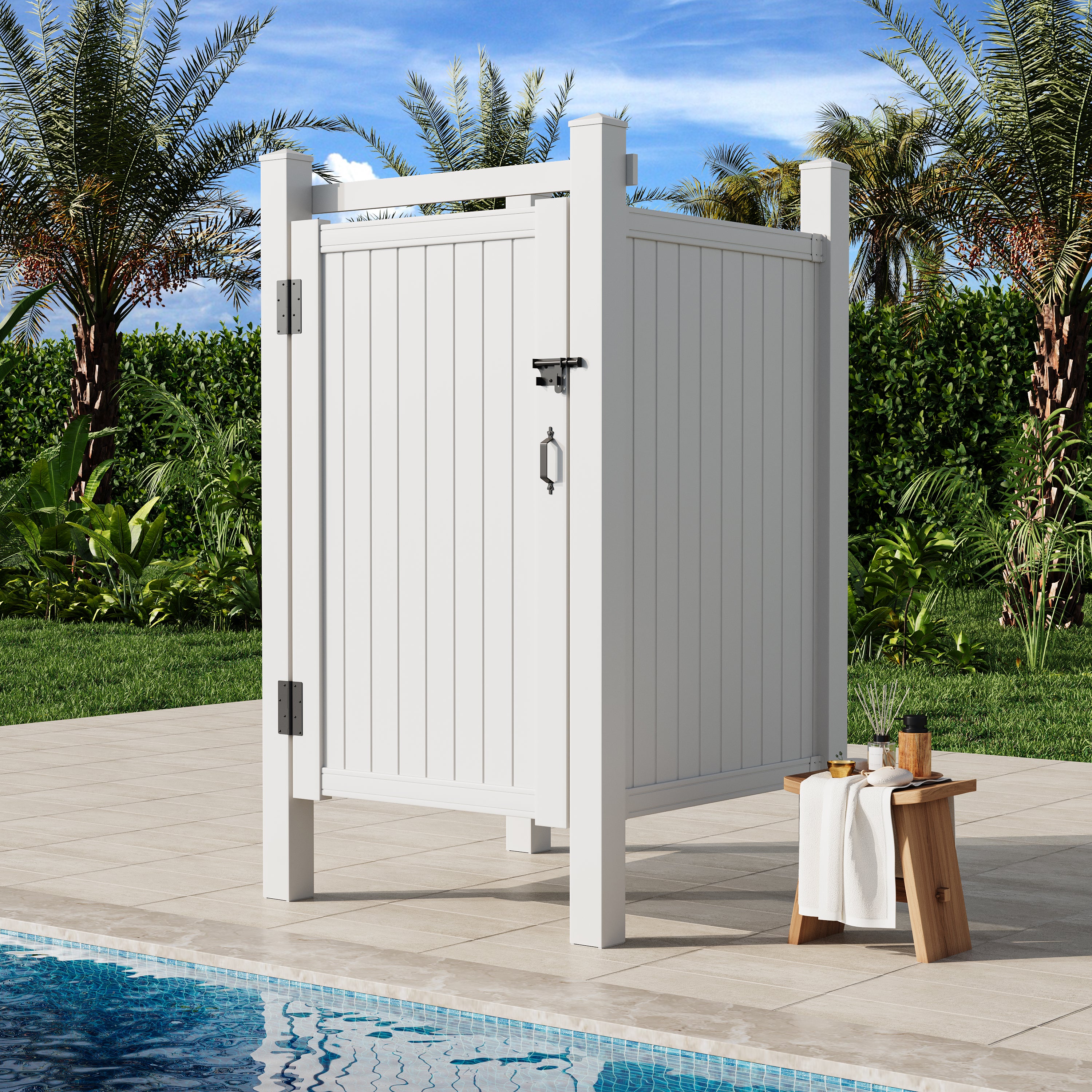 HOMREST 80.75"H x 45.75"W x 45.75"L White PVC Outdoor Shower Enclosure with Door, Weatherproof Privacy Stall for Pool & Beach, Durable Vinyl Construction（Flat-panel）