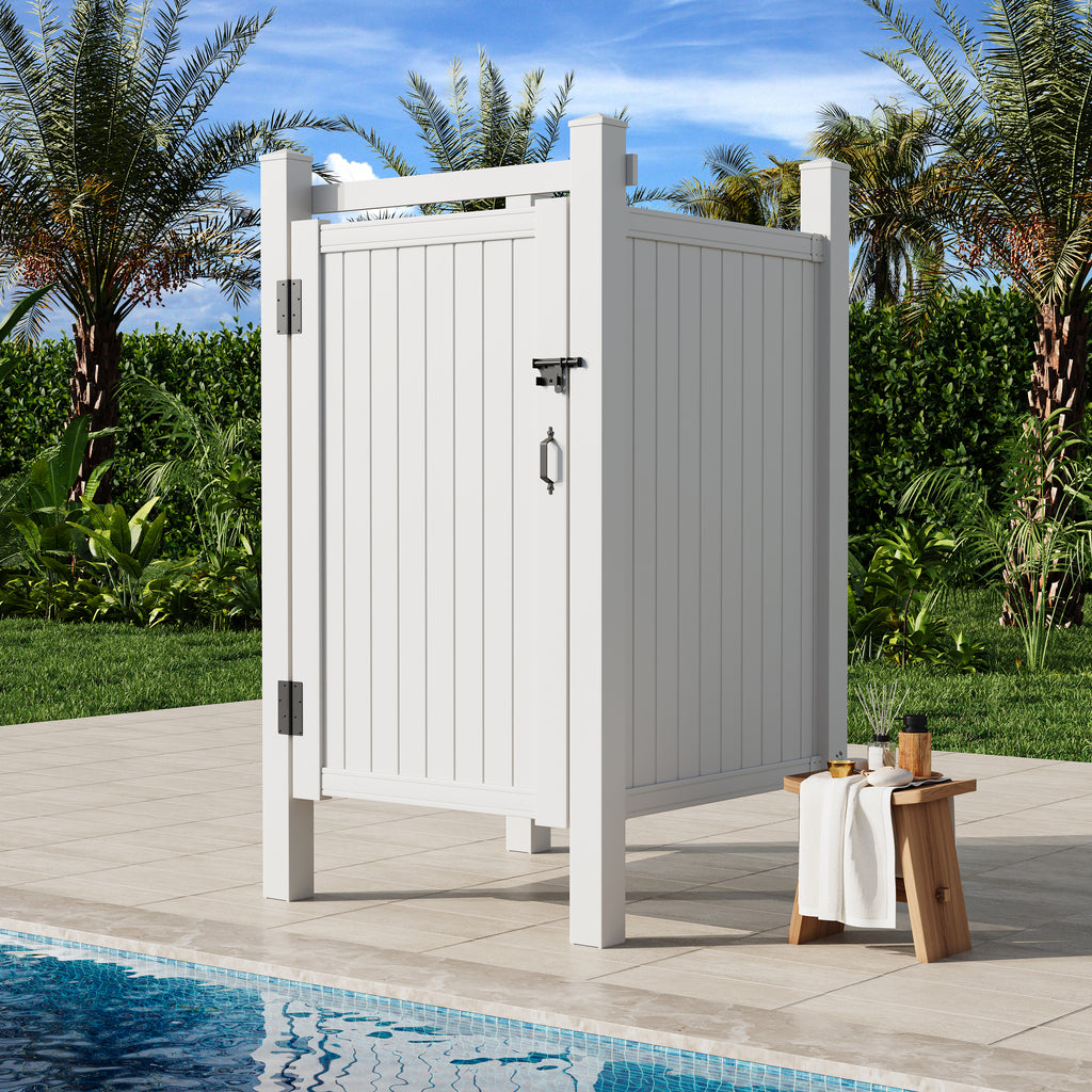 HOMREST 80.75"H x 45.75"W x 45.75"L White PVC Outdoor Shower Enclosure with Door, Weatherproof Privacy Stall for Pool & Beach, Durable Vinyl Construction（Flat-panel）