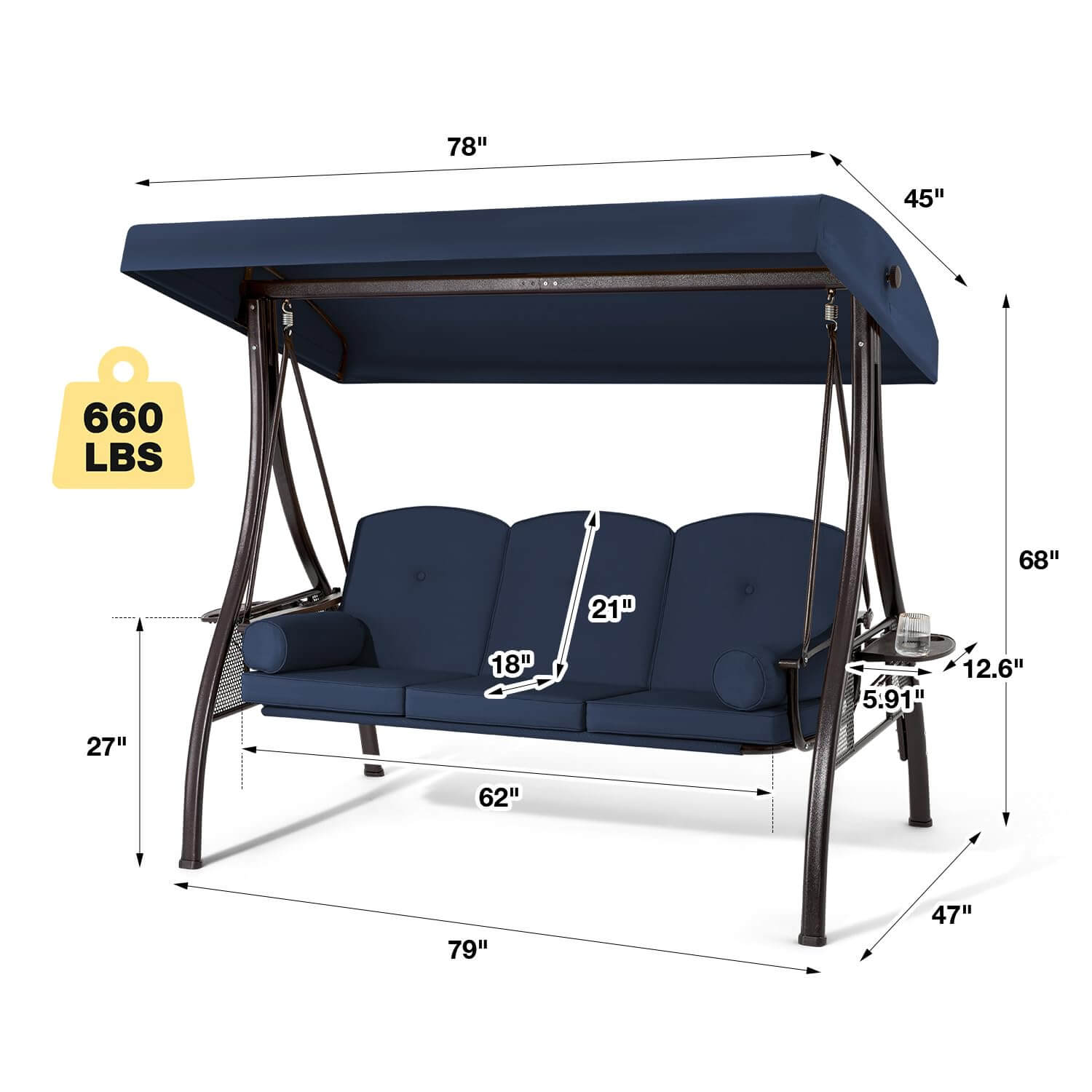 Homrest 3-Seat Outdoor Porch Swing with Cup Holders, Adjustable Canopy and Backrest for Patio Garden Deck, Blue