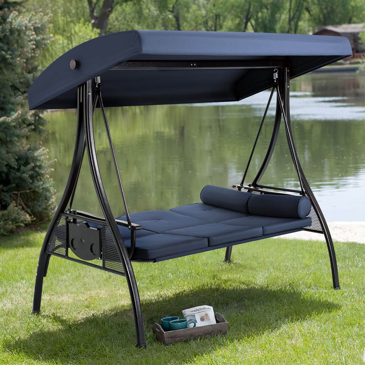 Homrest 3-Seat Outdoor Porch Swing with Cup Holders, Adjustable Canopy and Backrest for Patio Garden Deck, Blue