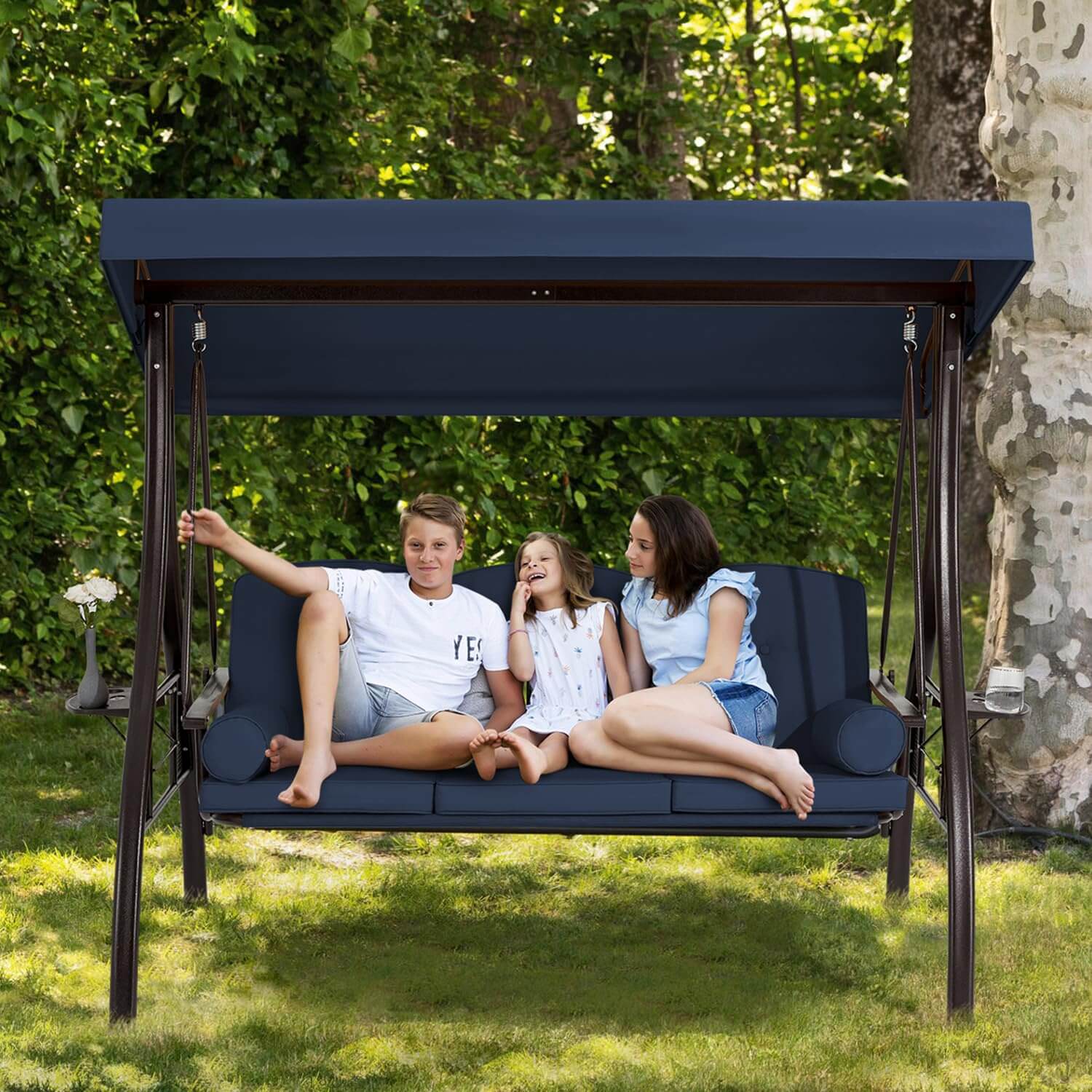 Homrest 3-Seat Outdoor Porch Swing with Cup Holders, Adjustable Canopy and Backrest for Patio Garden Deck, Blue