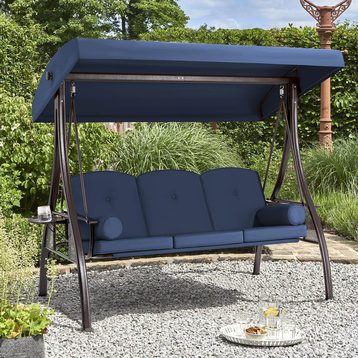 Homrest 3-Seat Outdoor Porch Swing with Cup Holders, Adjustable Canopy and Backrest for Patio Garden Deck, Blue