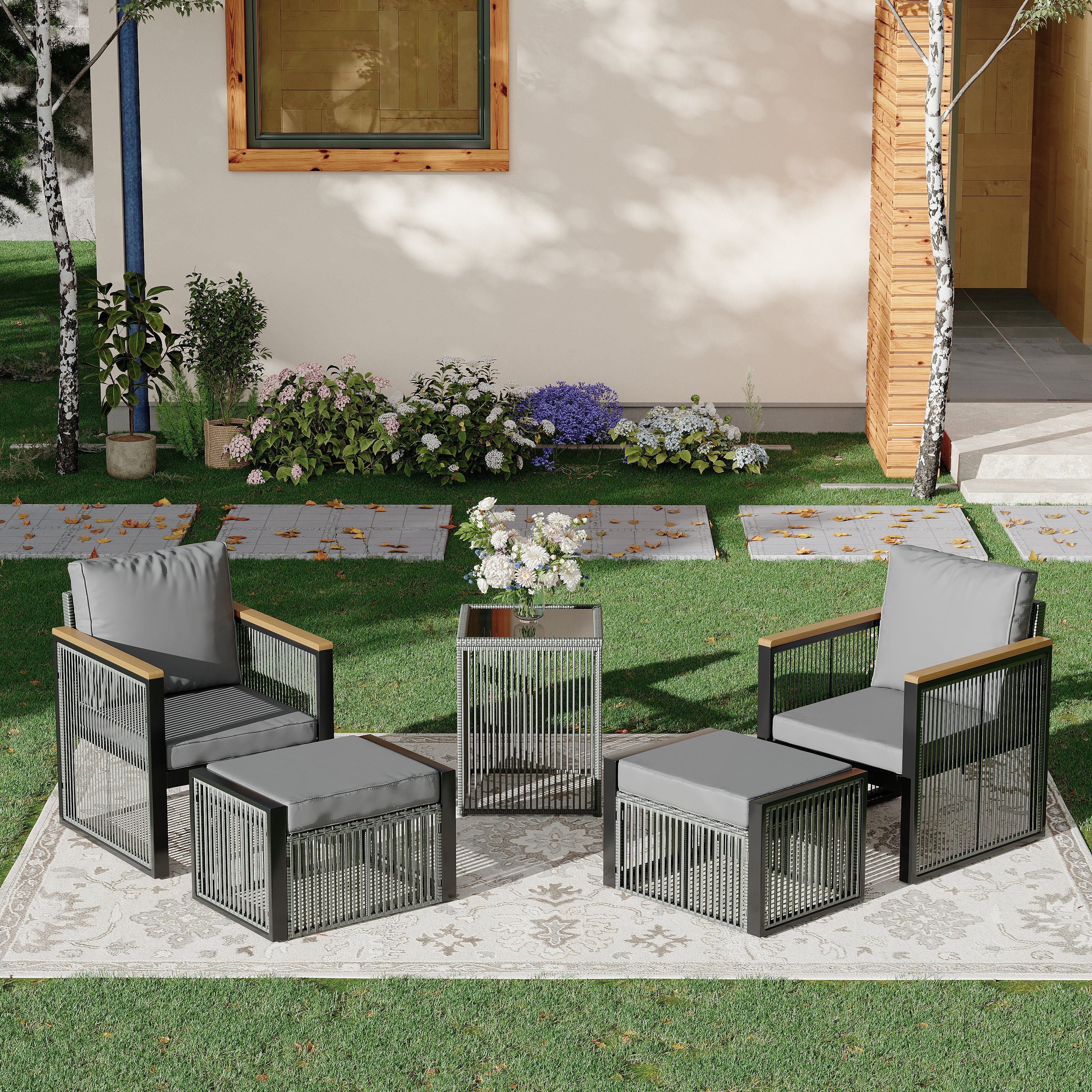 HOMREST 5 Pieces Patio Set Outdoor Furniture Set with Wood Armrest for Garden Balcony Backyard Poolside (Grey)