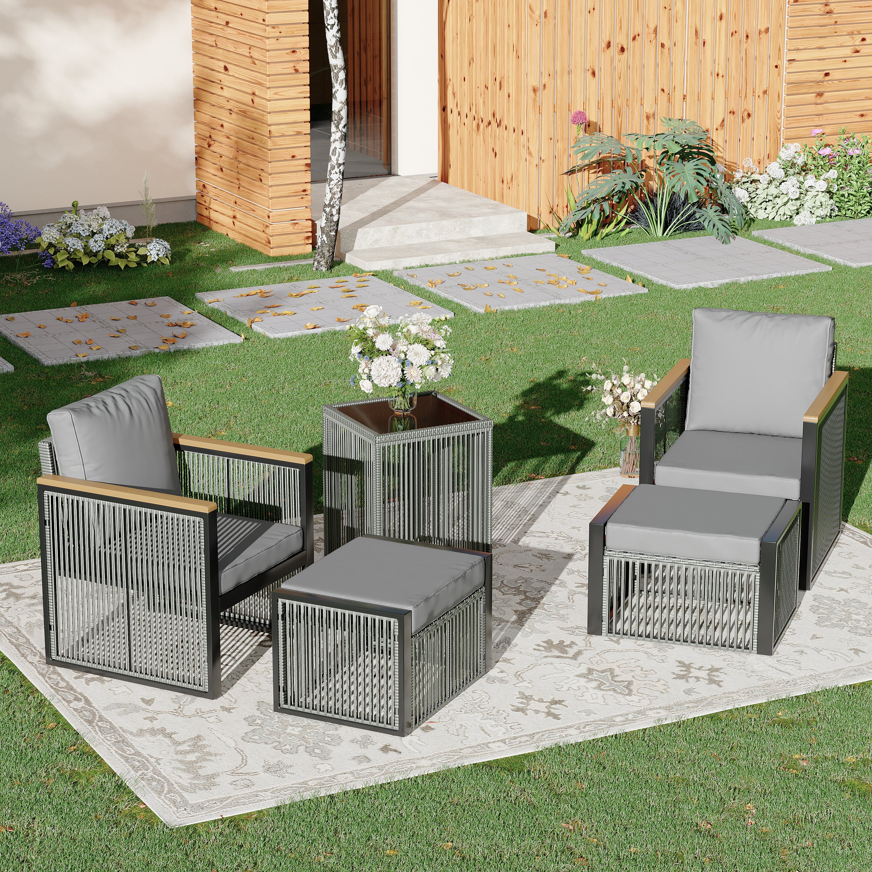HOMREST 5 Pieces Patio Set Outdoor Furniture Set with Wood Armrest for Garden Balcony Backyard Poolside (Grey)
