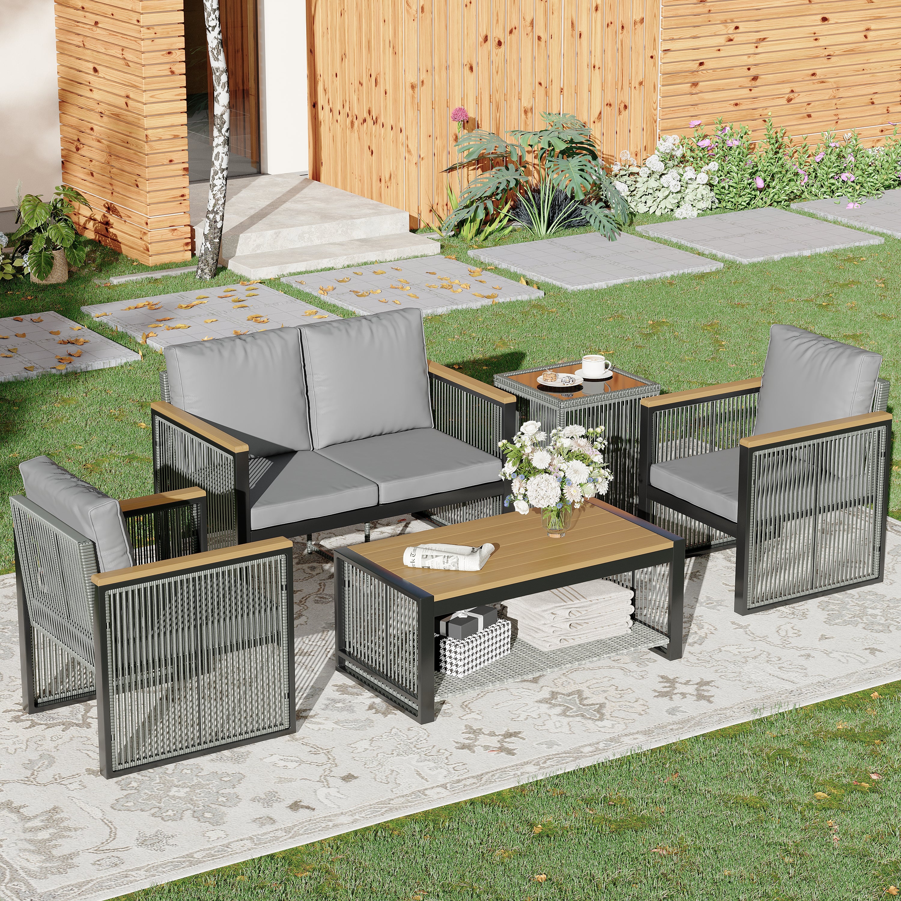 HOMREST 5 Pieces Outdoor Metal Furniture Set with Coffee Table & Side Table, Grey