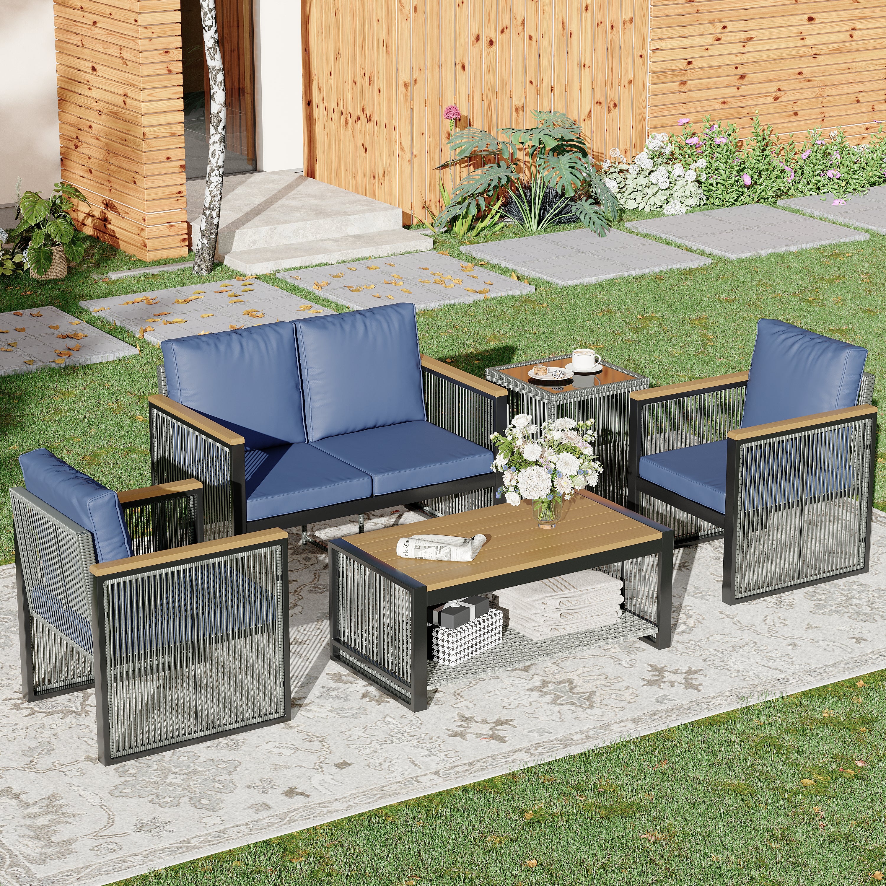 HOMREST 5 Pieces Outdoor Metal Furniture Set with Coffee Table & Side Table, Blue