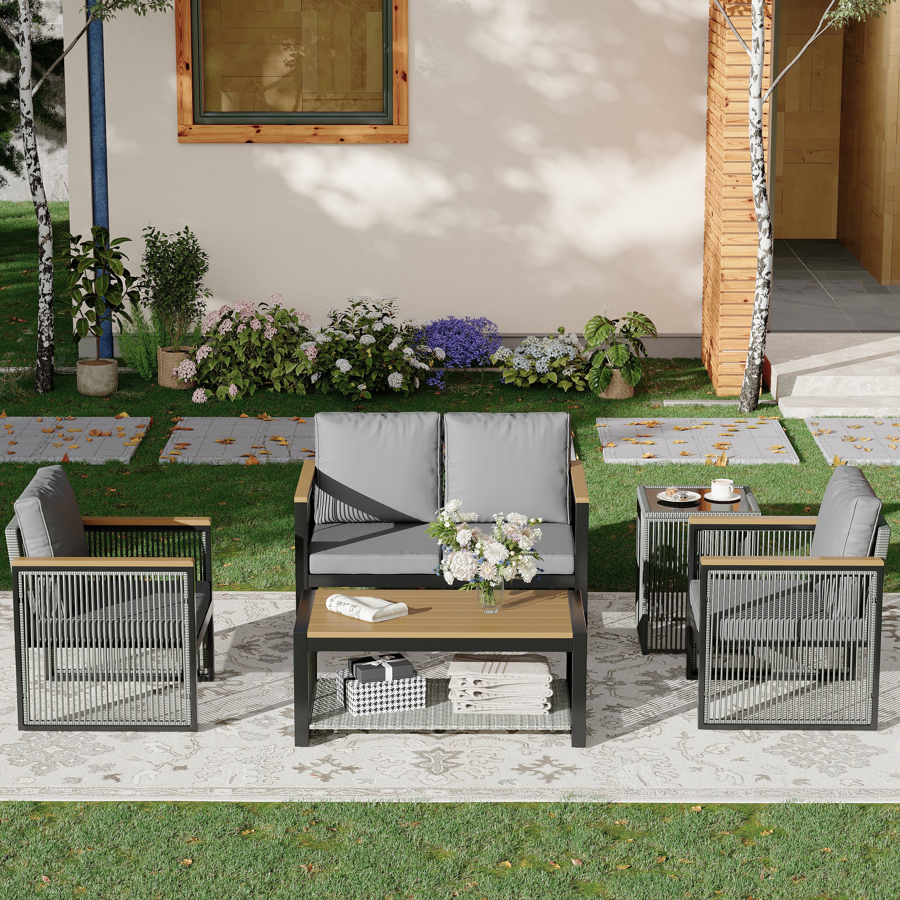 HOMREST 5 Pieces Outdoor Metal Furniture Set with Coffee Table & Side Table, Grey