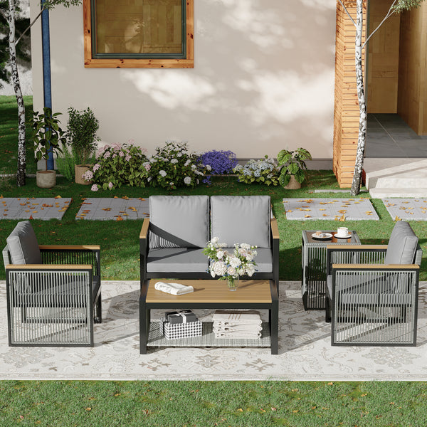 HOMREST 5 Pieces Outdoor Metal Furniture Set with Coffee Table & Side Table, Grey