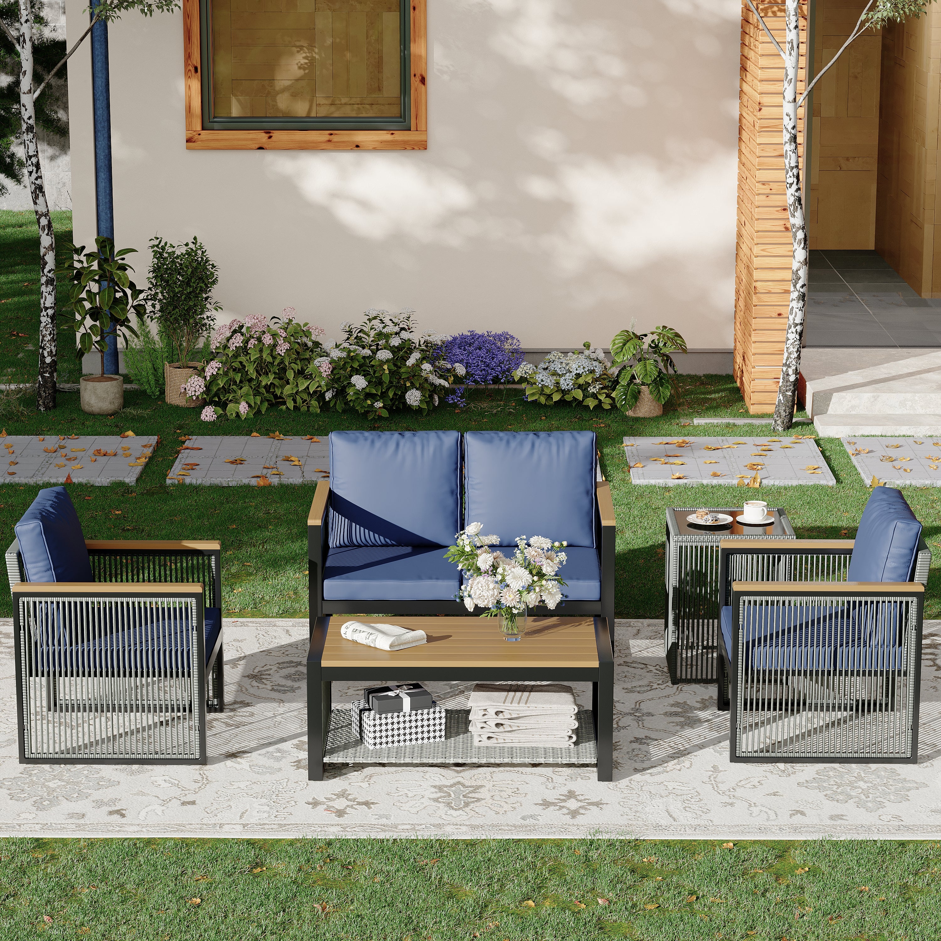 HOMREST 5 Pieces Outdoor Metal Furniture Set with Coffee Table & Side Table, Blue