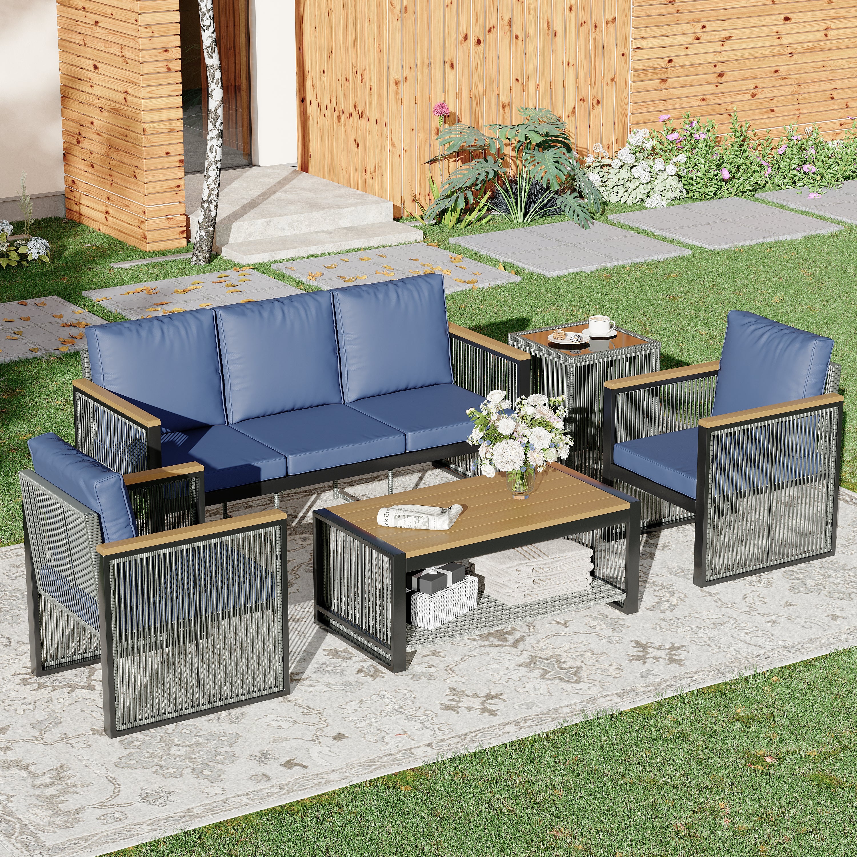 HOMREST 5-Piece Outdoor Sectional Patio Conversation Set with 3-seater sofa for Deck, Lawn, Blue